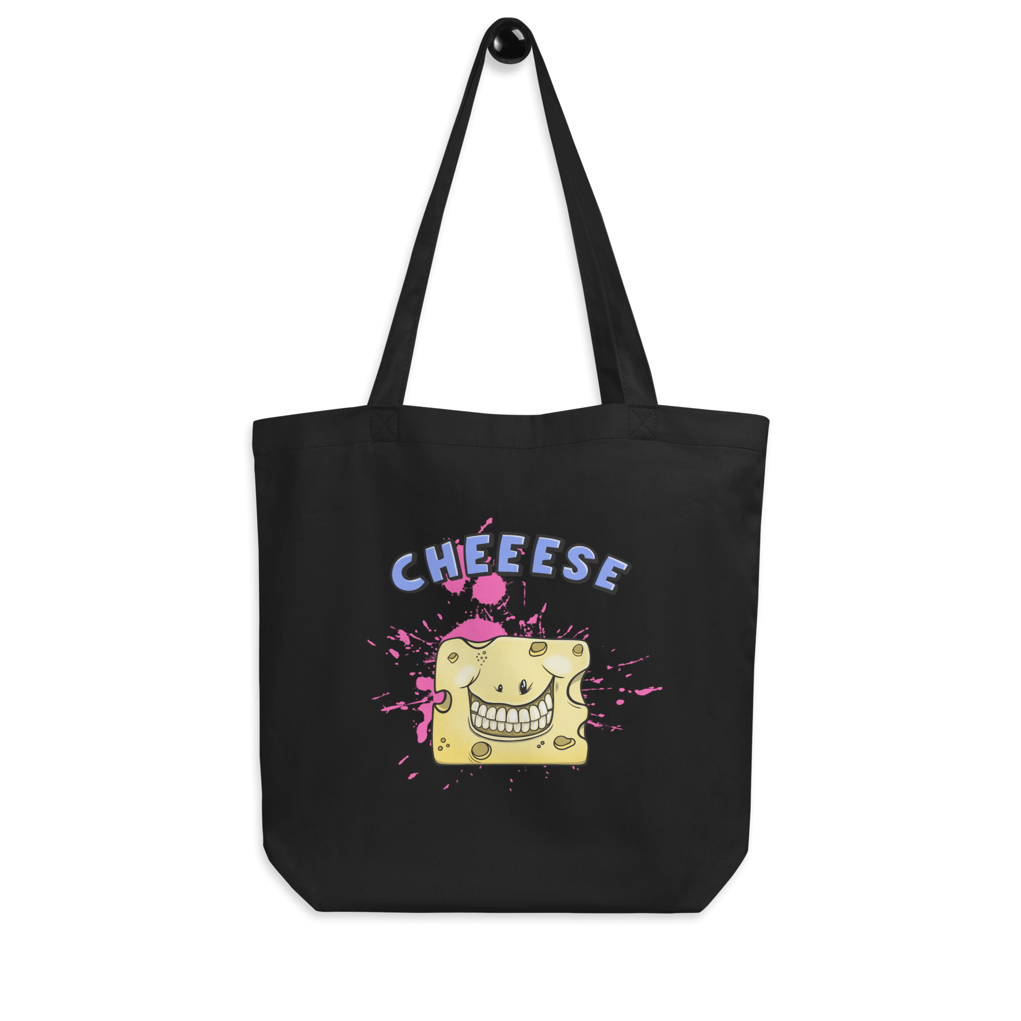 Black tote bag with a happy cheese in cartoon style