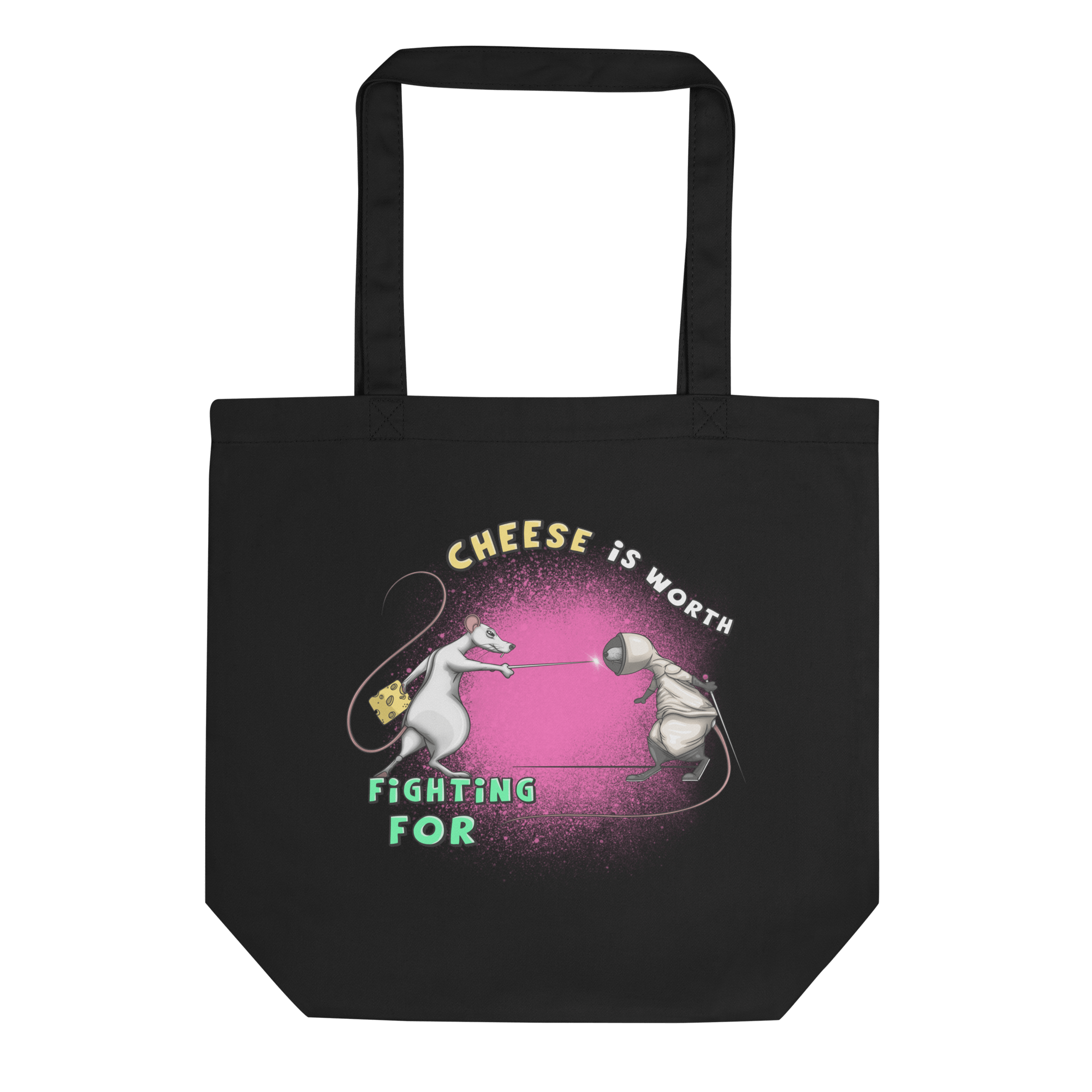 black tote bag with two rats fighting over cheese with fencing swords