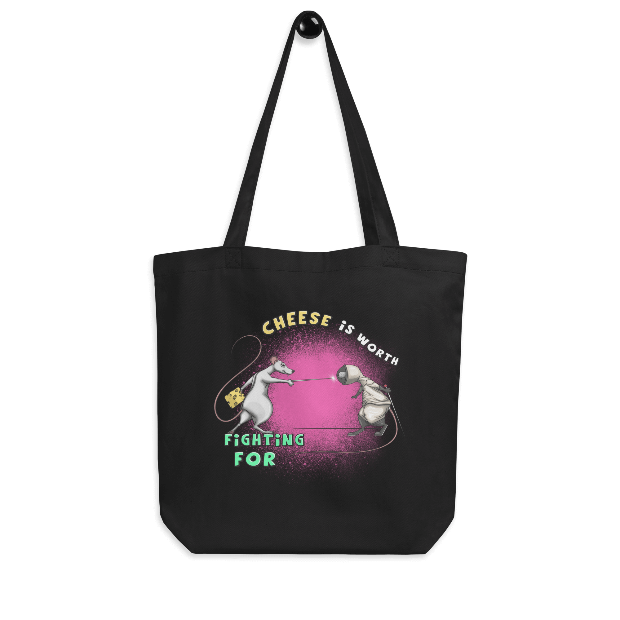 cool cartoon rats in a fencing match on black tote bag