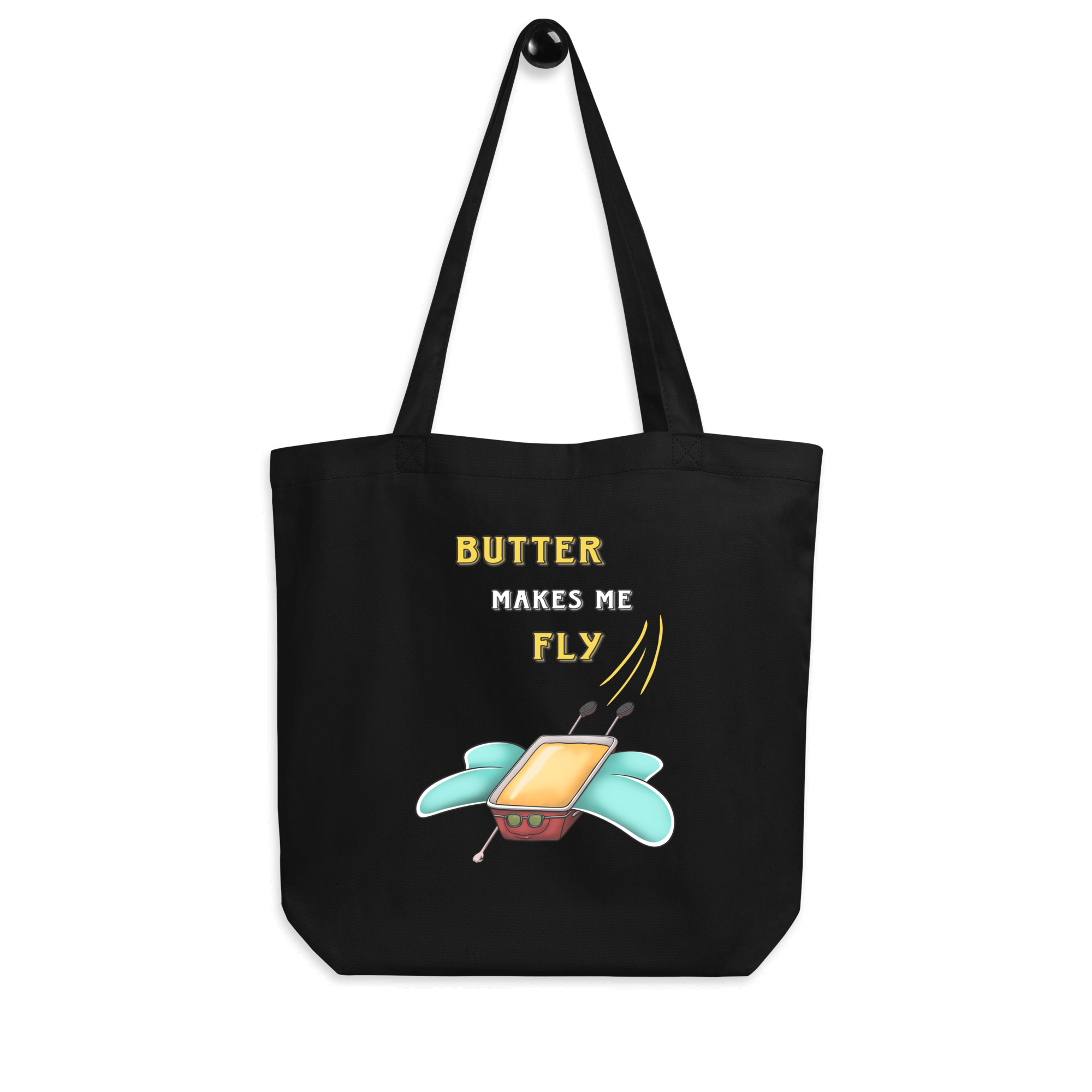 tote bag with funny drawing of butter flying with wings in cartoon style