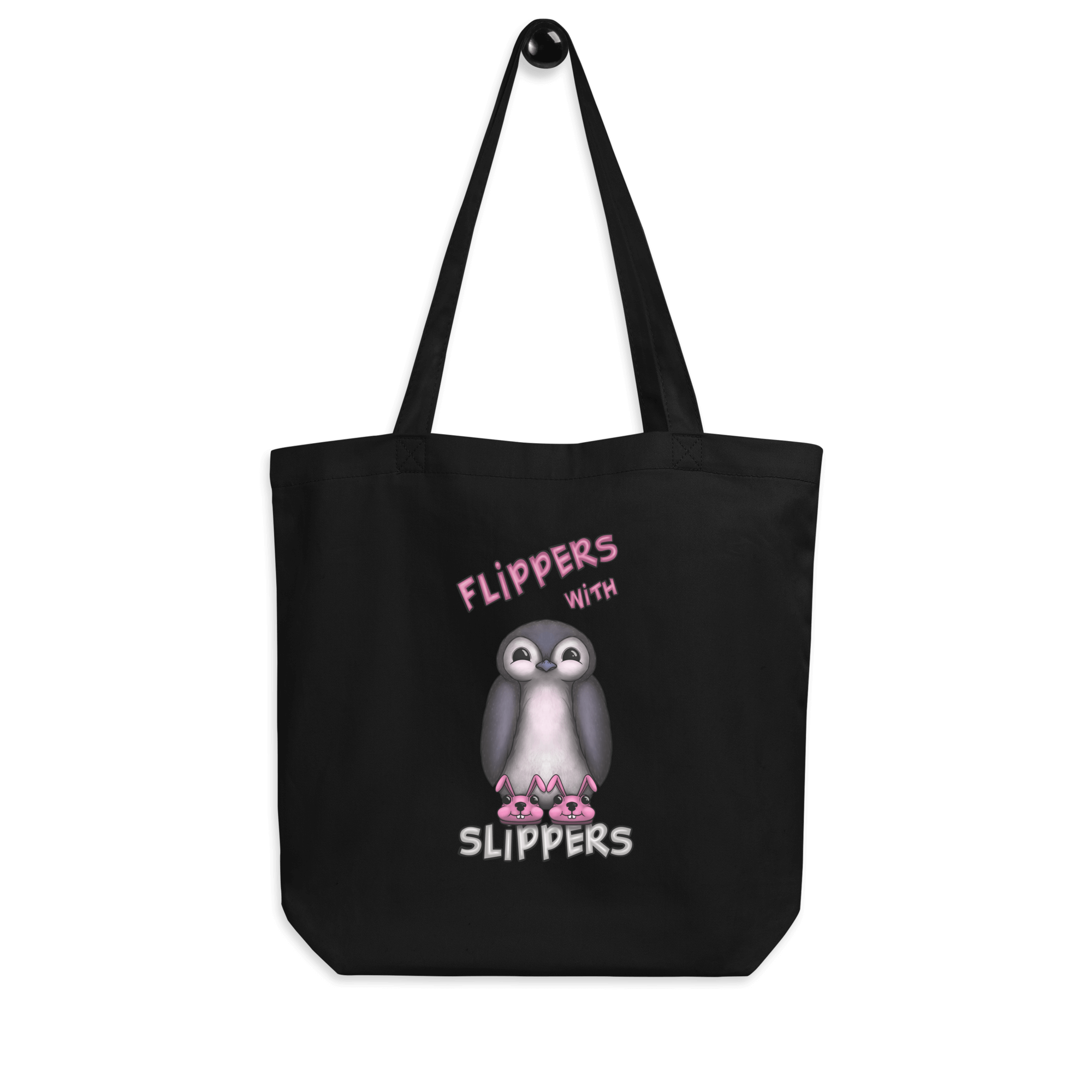 cute cartoon penguin with pink bunny slippers on tote bag black