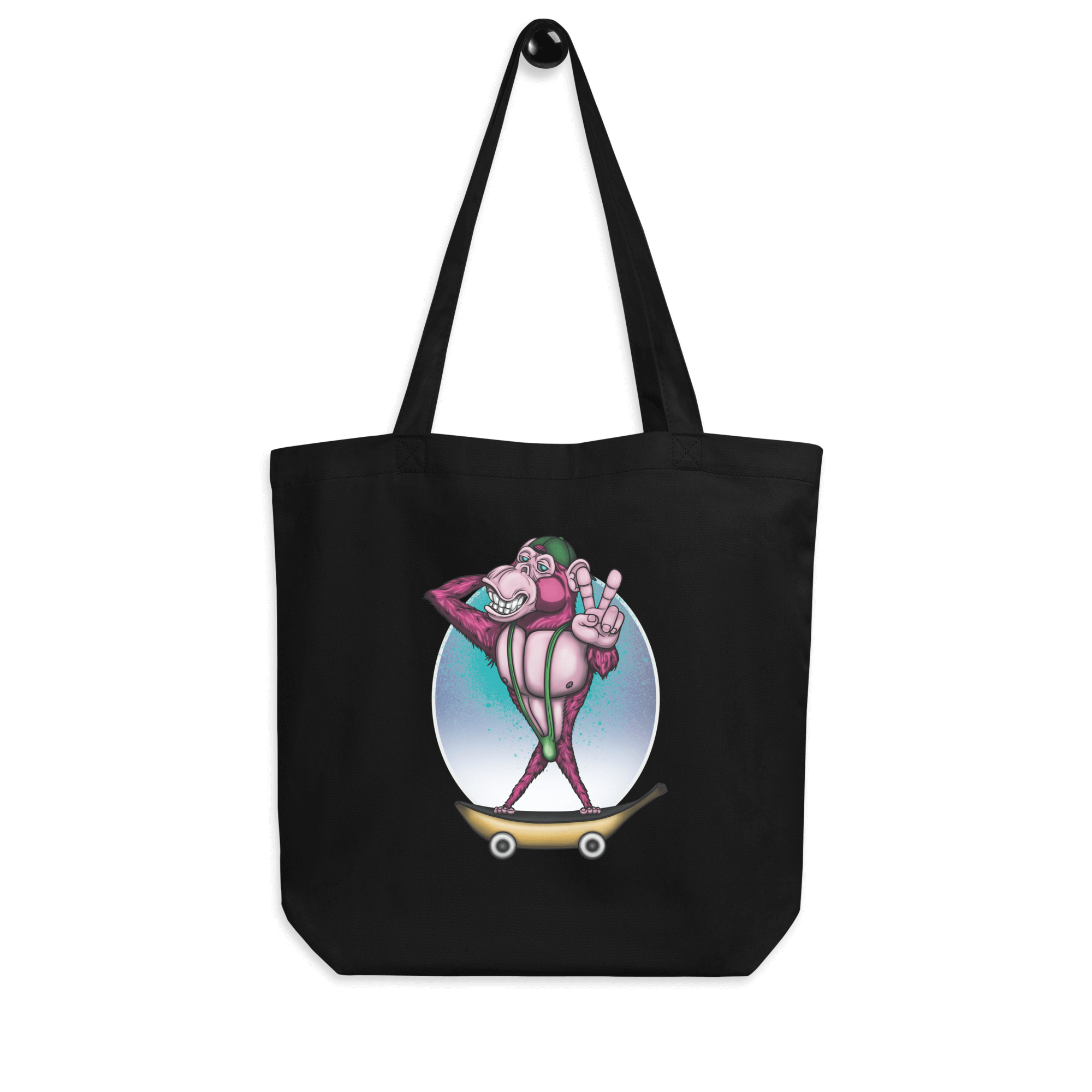 tote bag with a pink monkey on skateboard