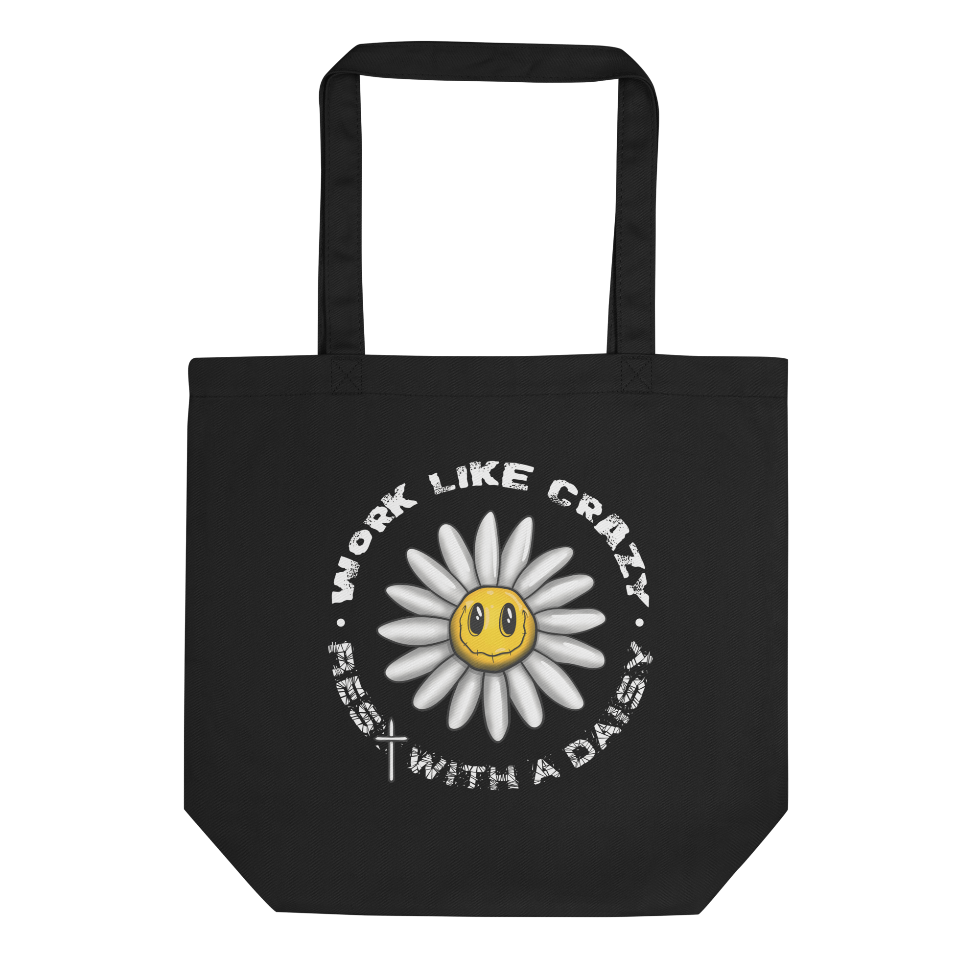 funny cartoon daisy drawing on black tote bag