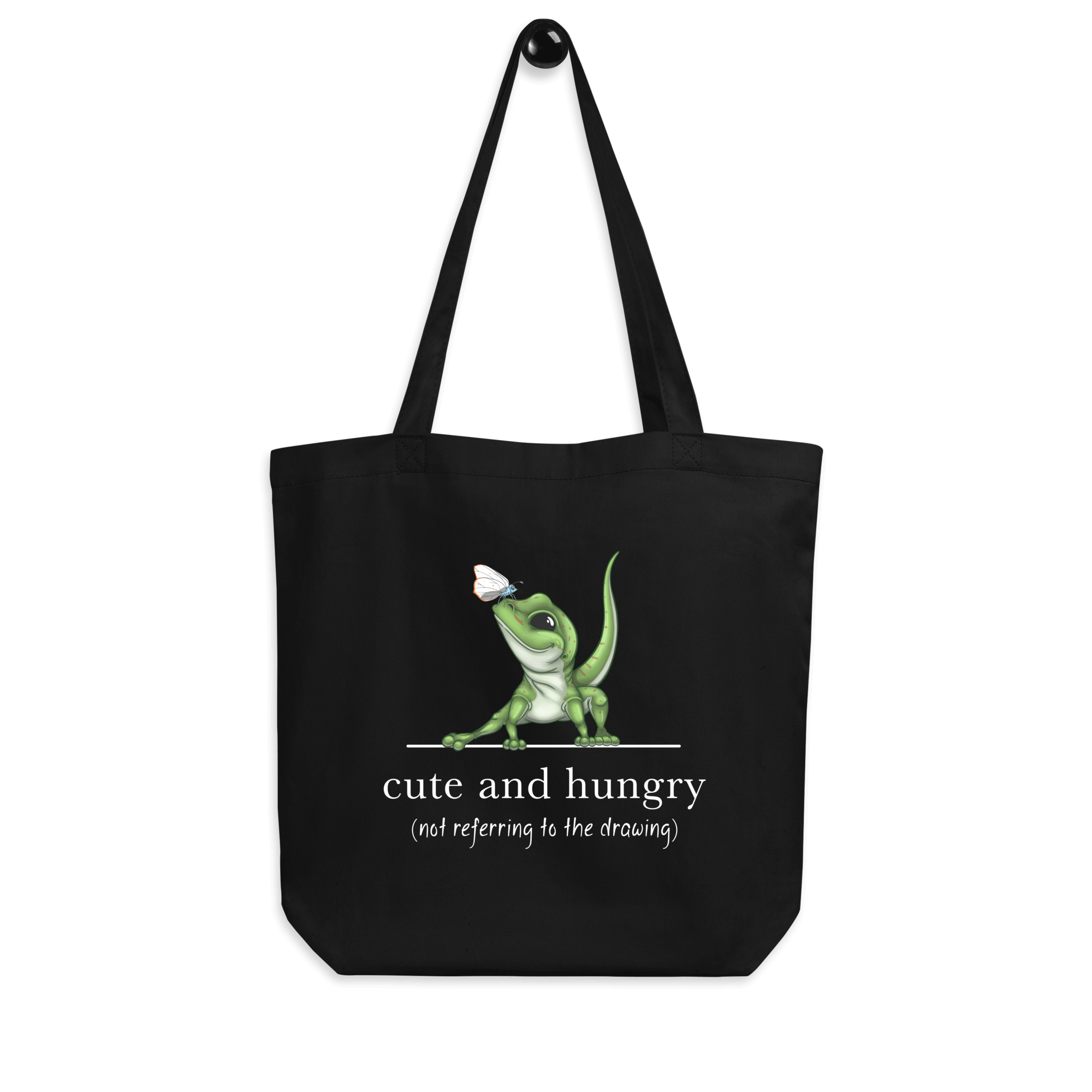 cartoon lizard with butterfly on tote bag black