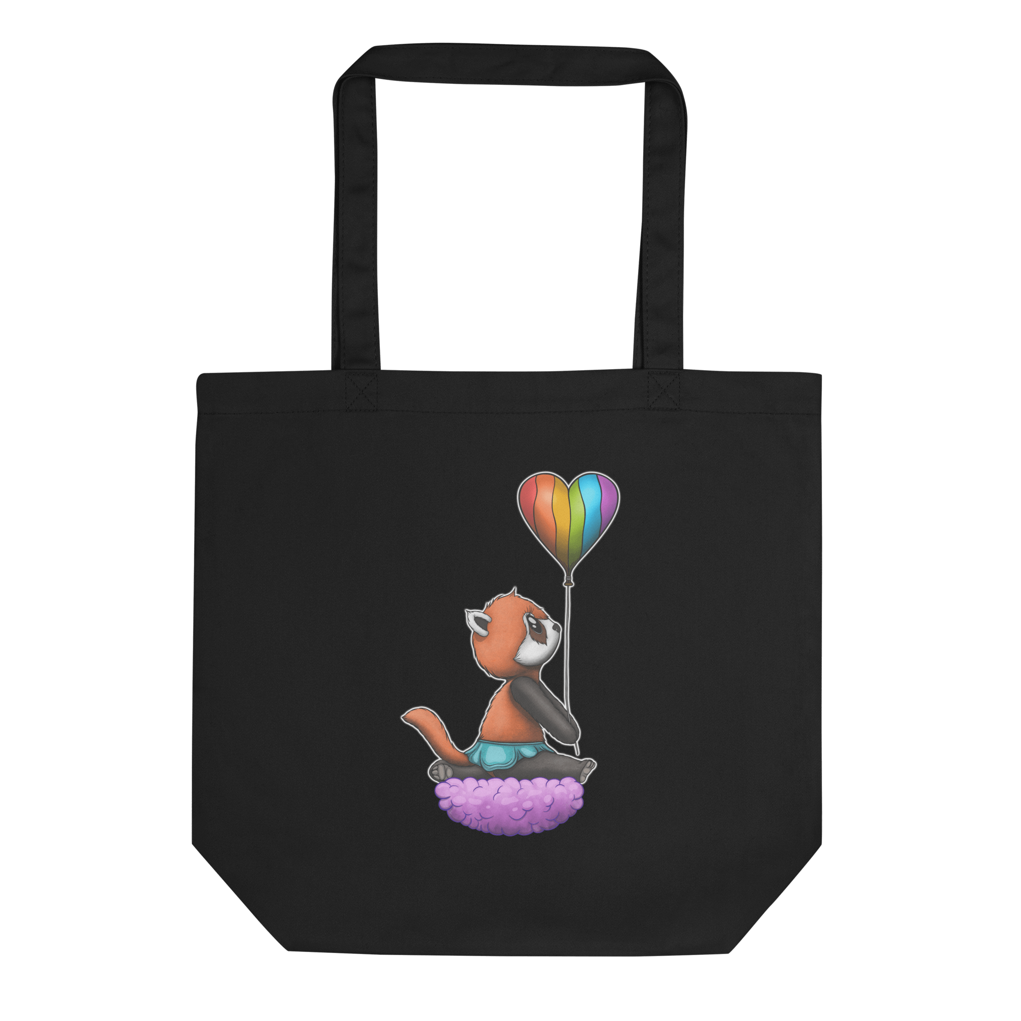 black tote bag with cute panda and pride flag balloon