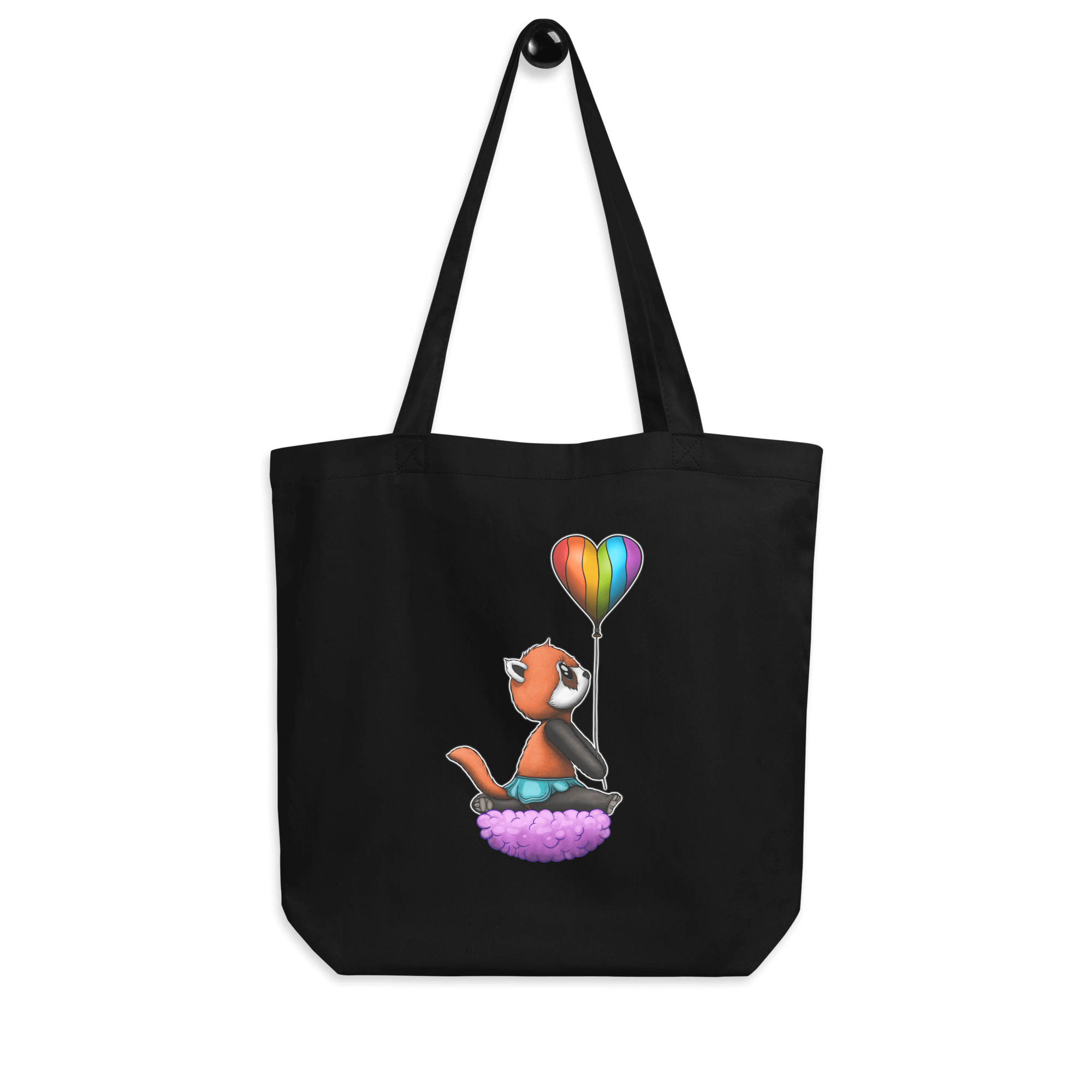 black tote bag with a red panda holding a heart shaped pride flag