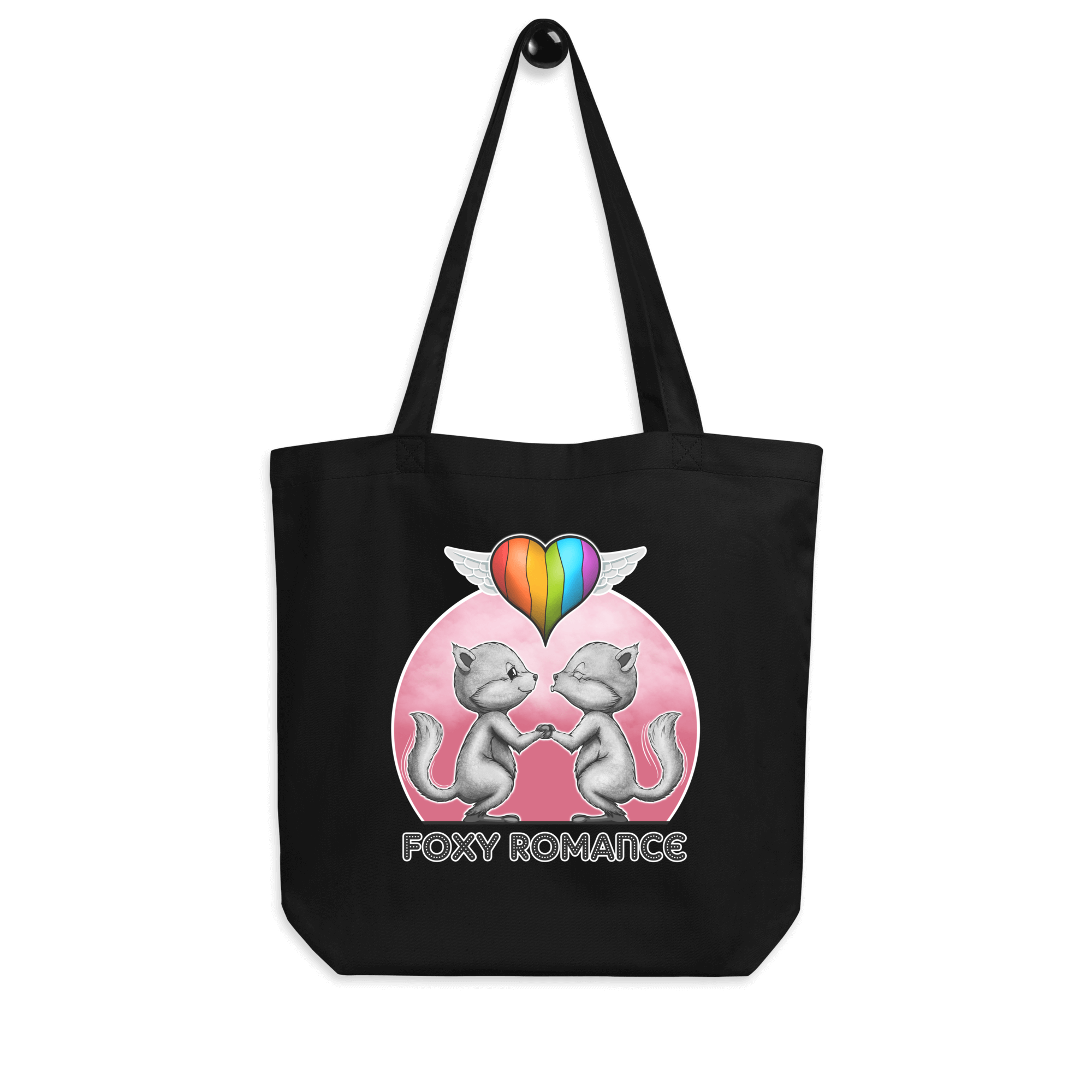 tote bag black with cute foxes and pride flag balloon