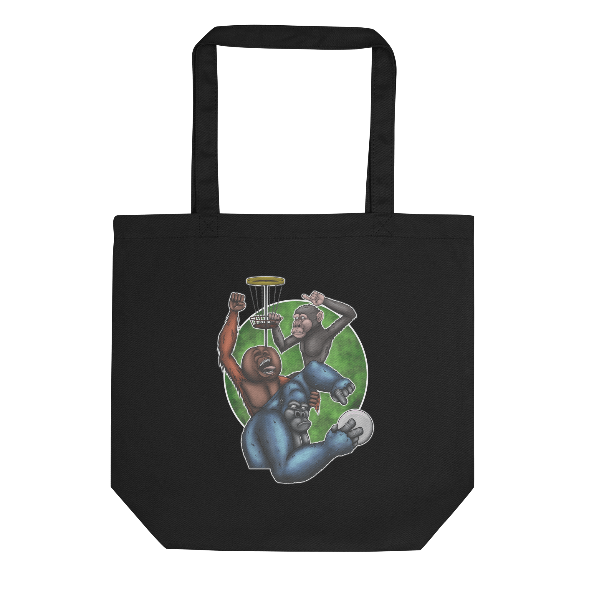 black tote bag with cartoon monkeys playing frisbee golf