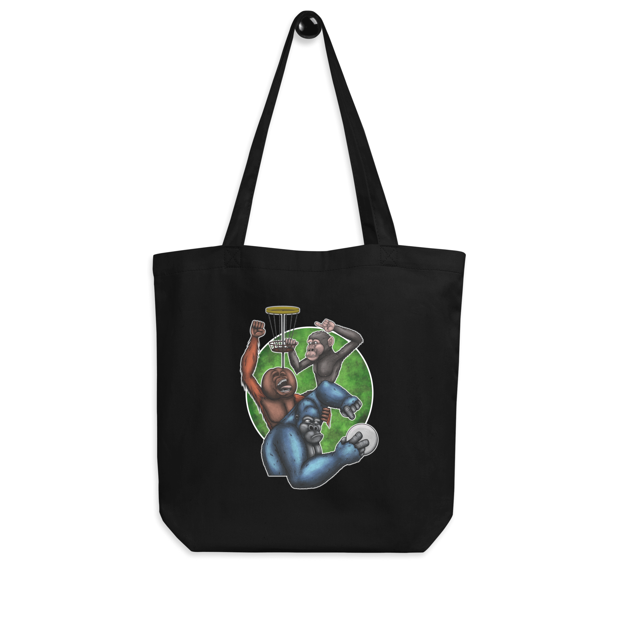 tote bag black with cool cartoon monkey drawing and disc golf