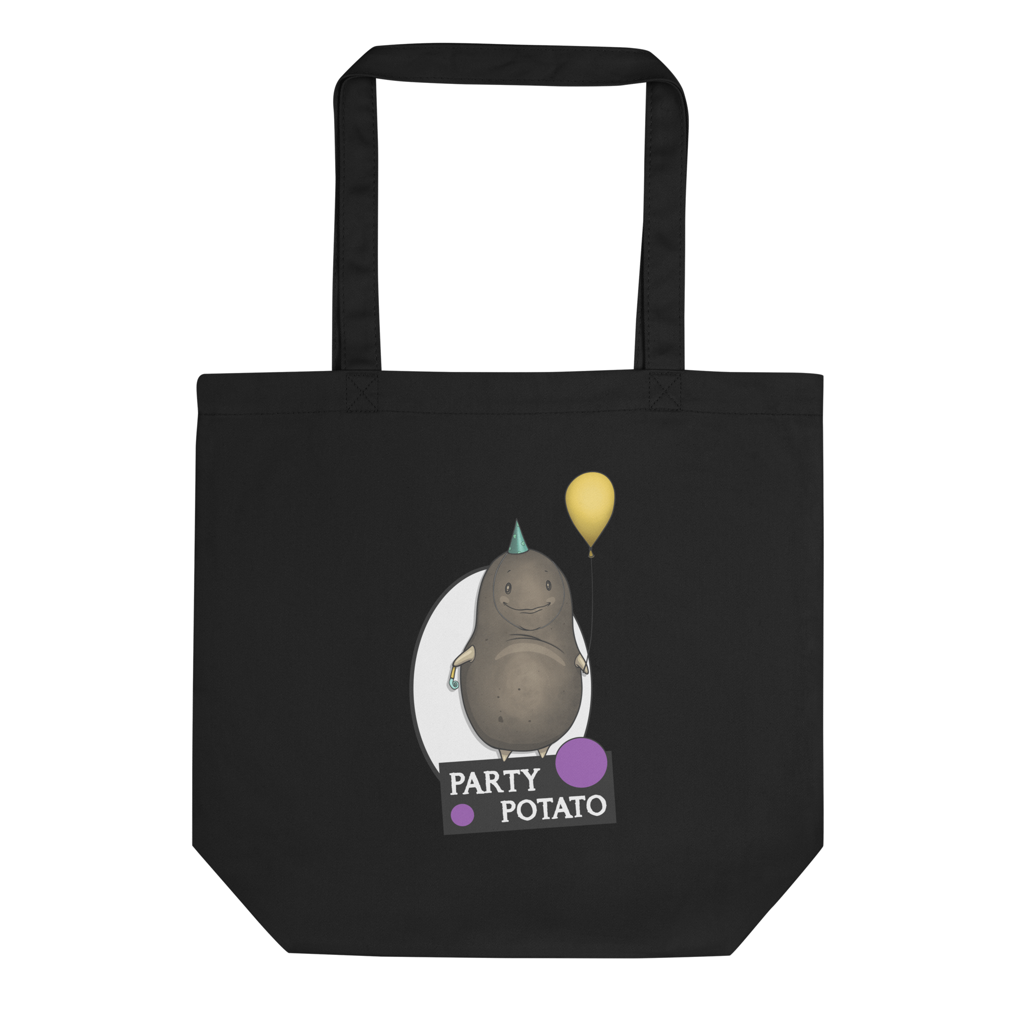 black tote bag with cute party potato drawing