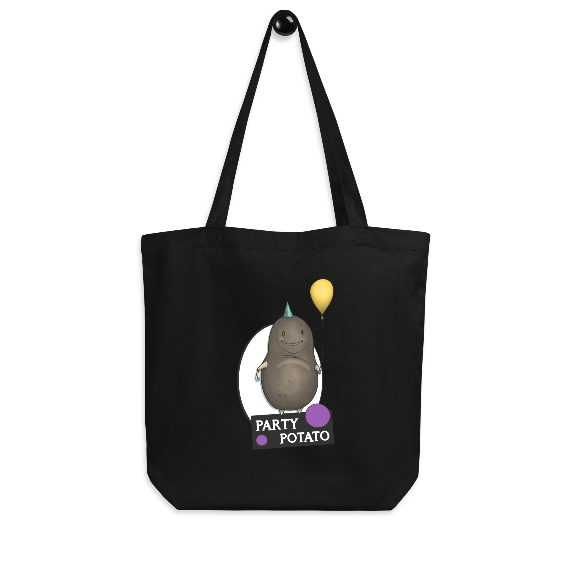 tote bag black with a cartoon potato and balloons