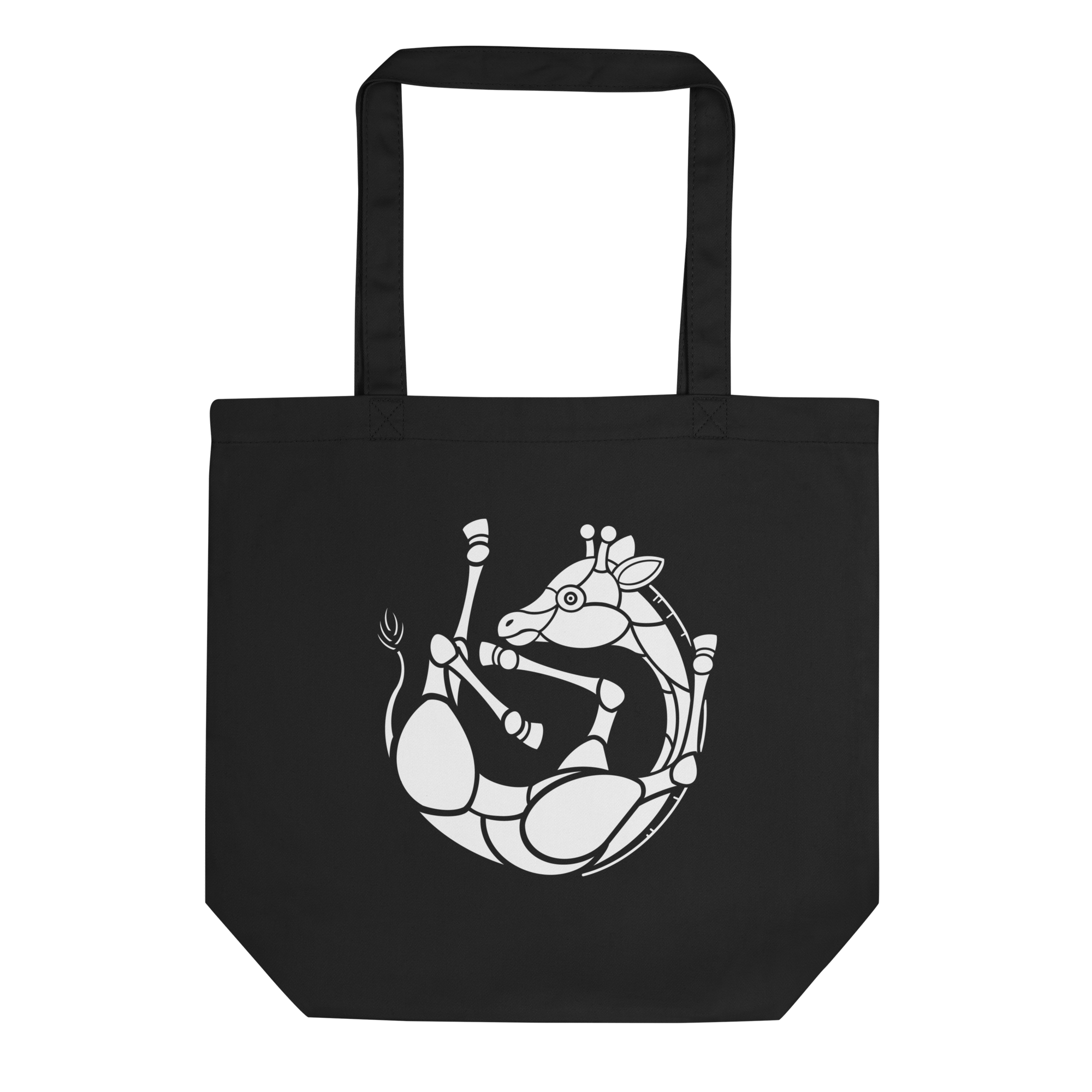 white baby giraffe on black tote bag