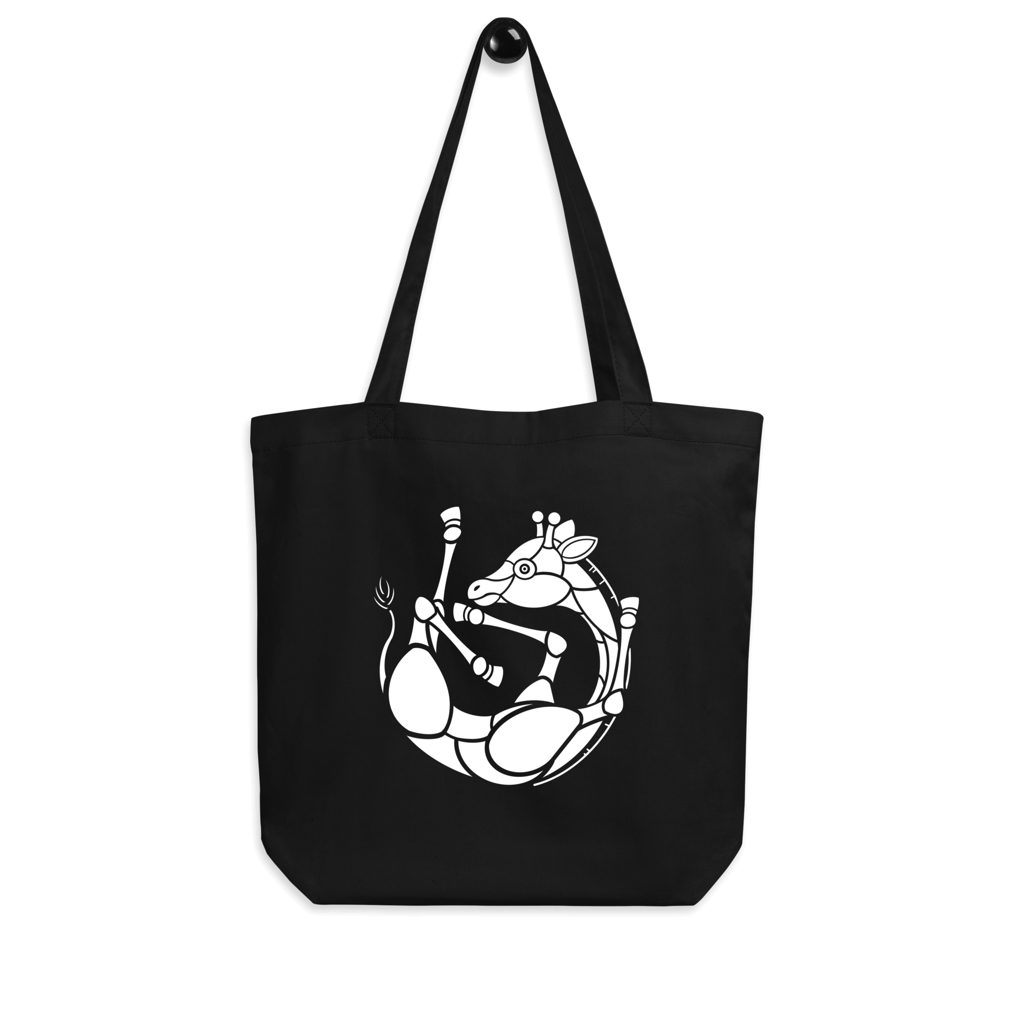 white baby giraffe on black tote bag