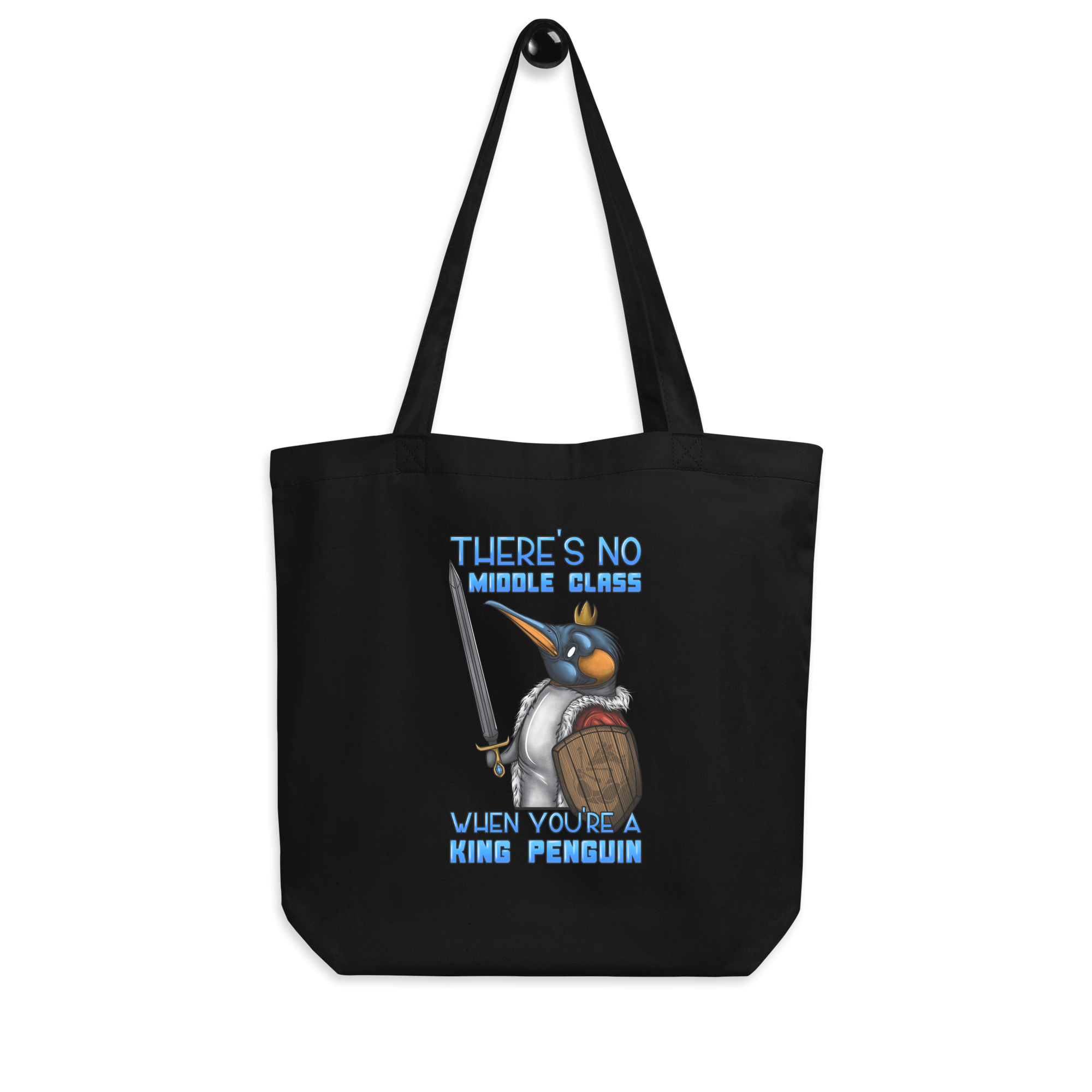 funny king penguin in cartoon style on black tote bag