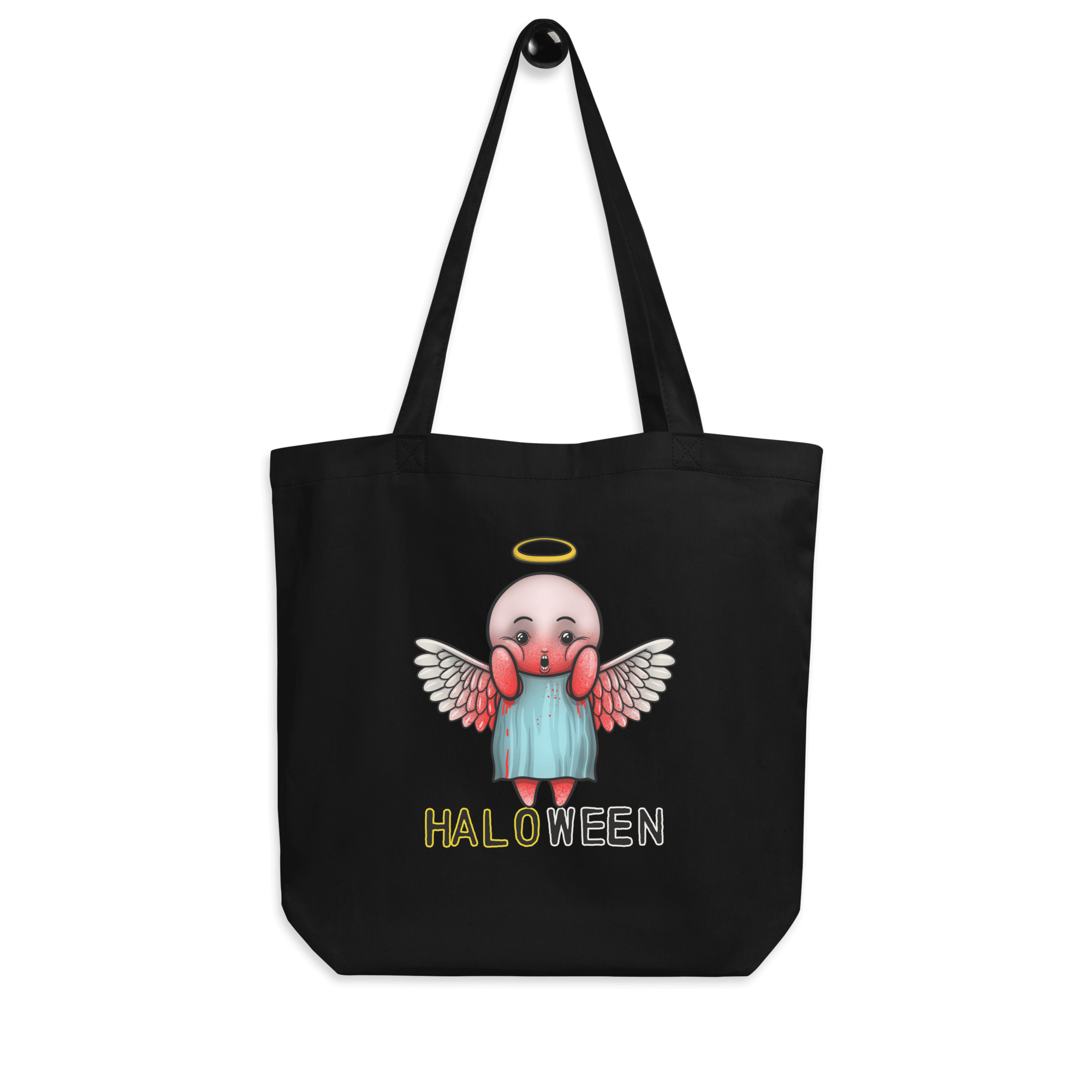 Halloween cartoon angel with halo on tote bag black