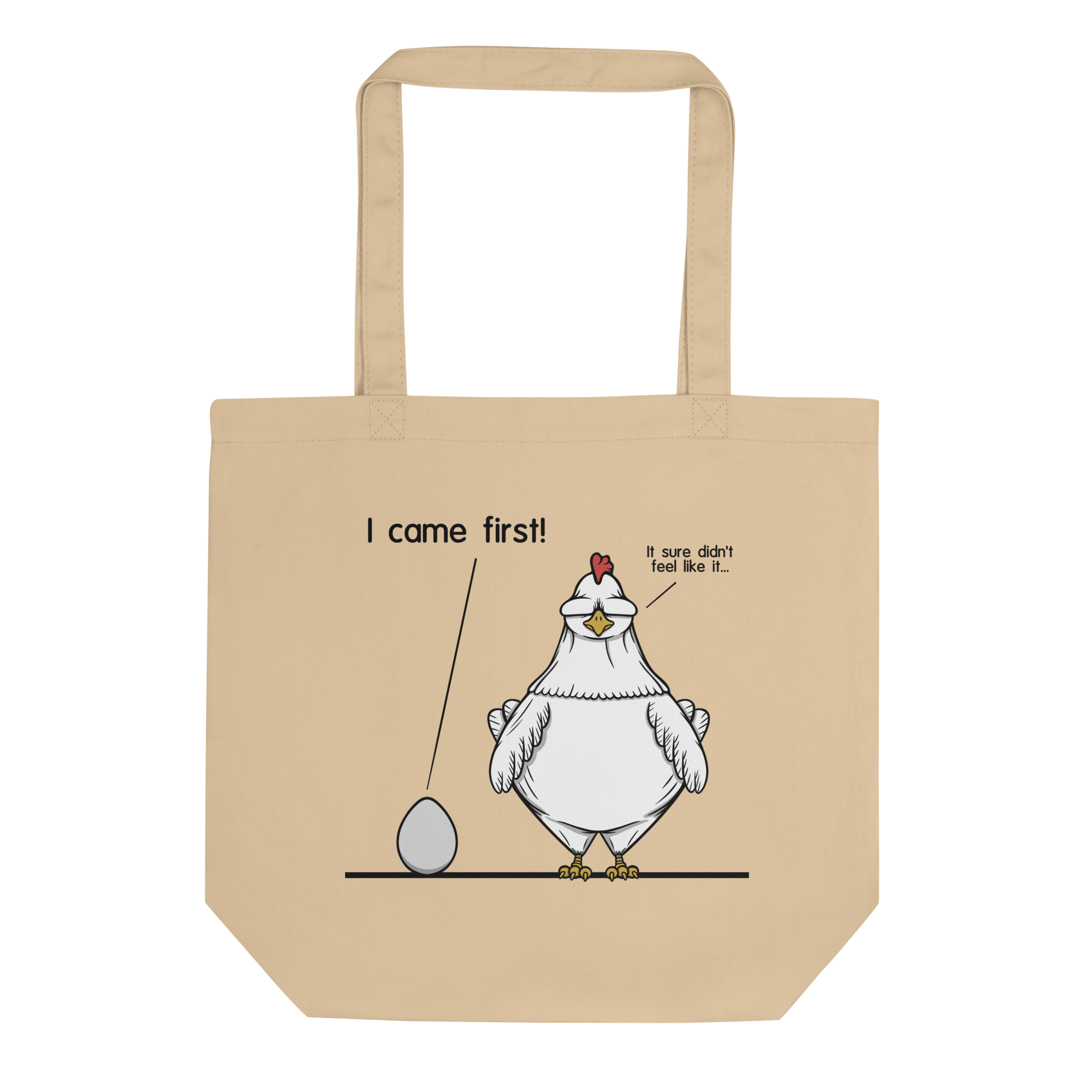 natural tote bag with cartoon chicken and egg