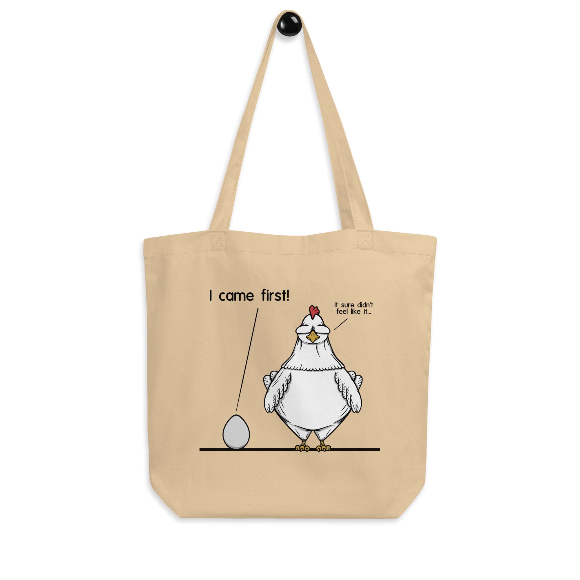 I came first, chicken and egg humor design on tote bag natural