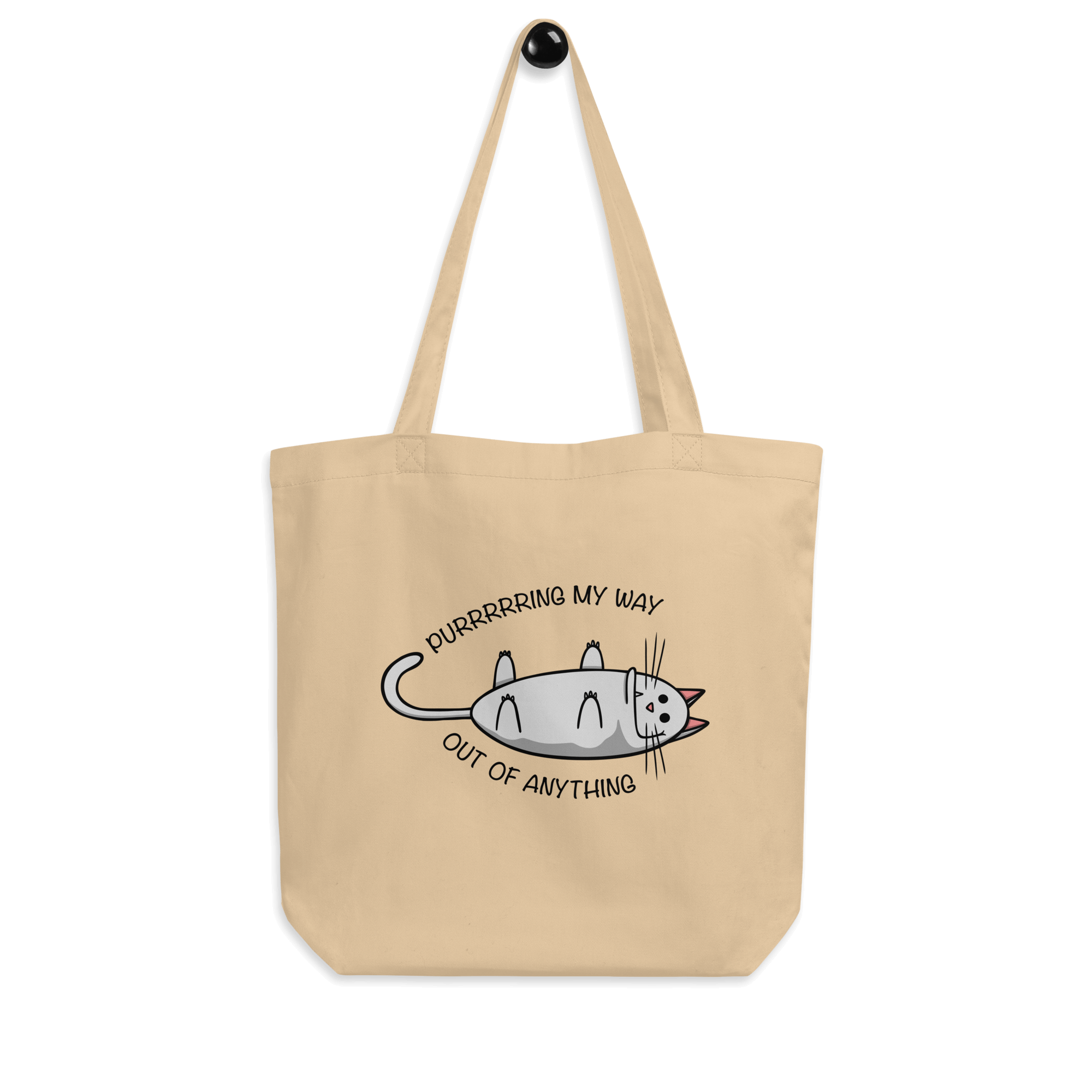 natural tote bag with a cute cartoon cat purring