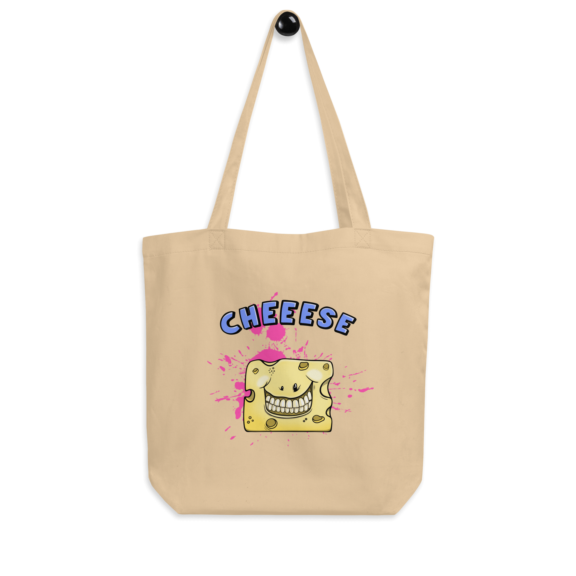 Natural tote bag with a happy cheese in cartoon style