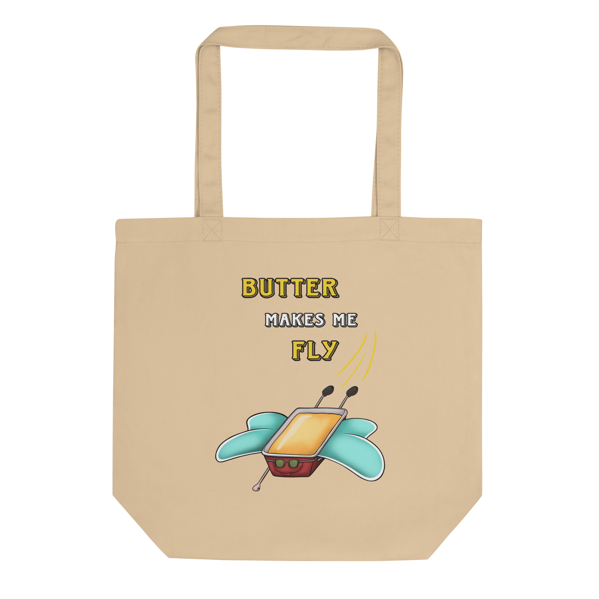 tote bag with funny drawing of butter flying with wings in cartoon style