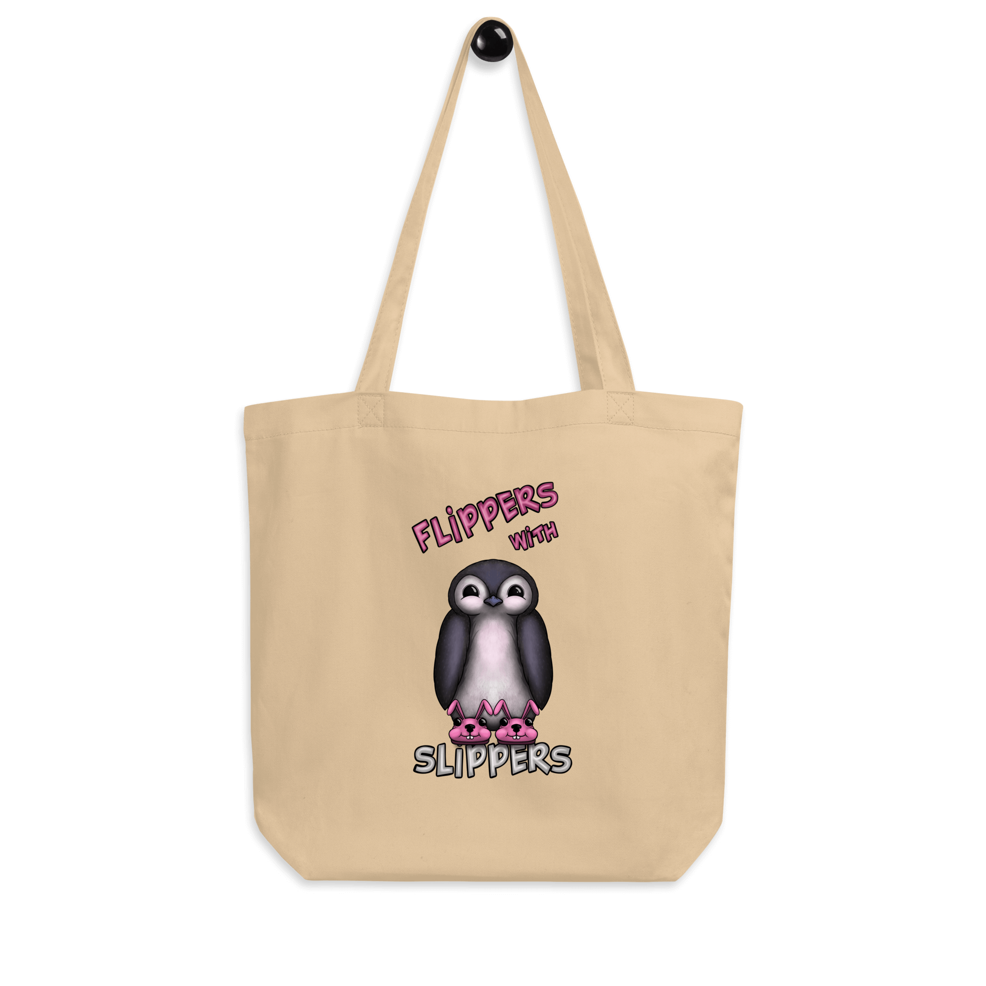 cute cartoon penguin with pink bunny slippers on tote bag natural