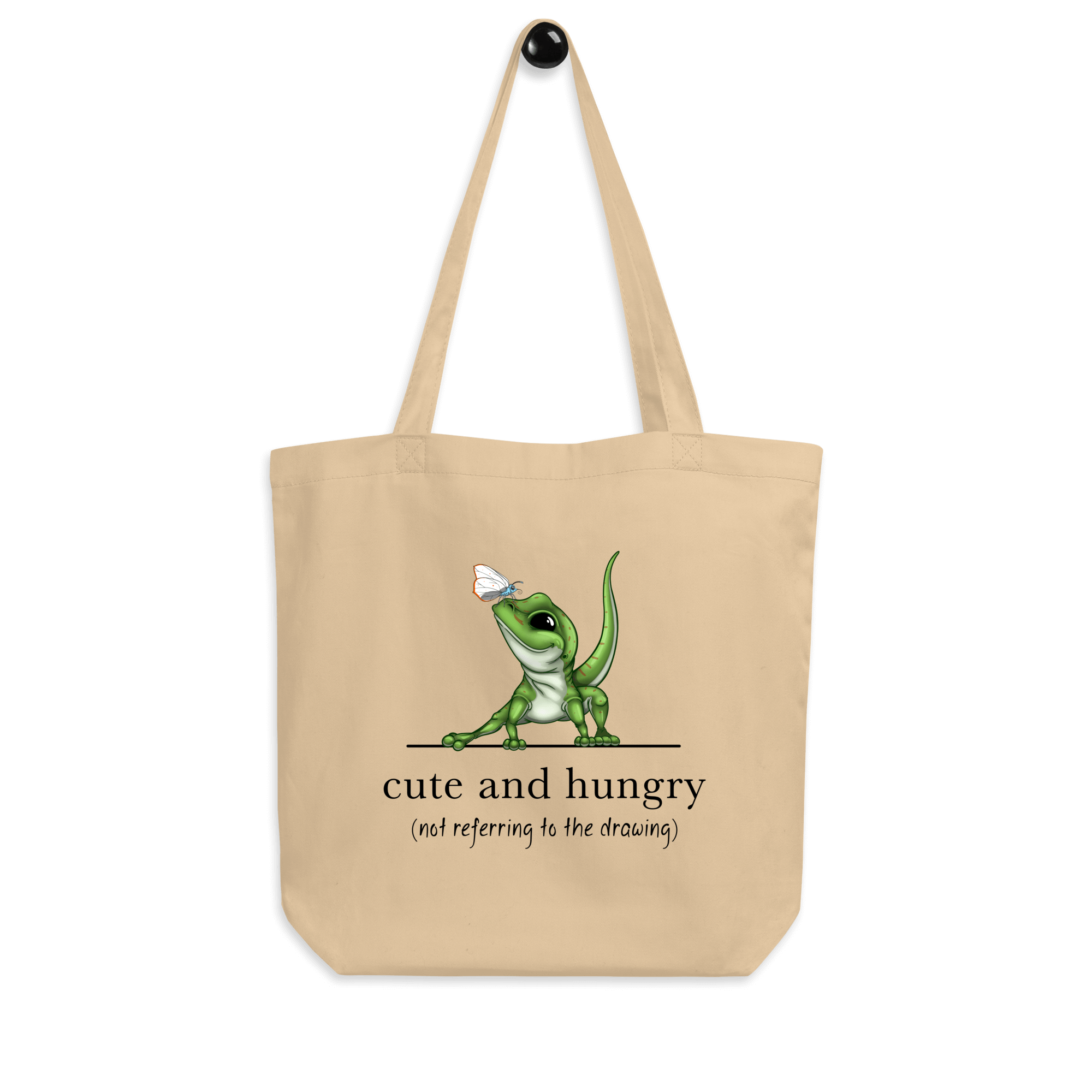 cartoon lizard with butterfly on tote bag natural