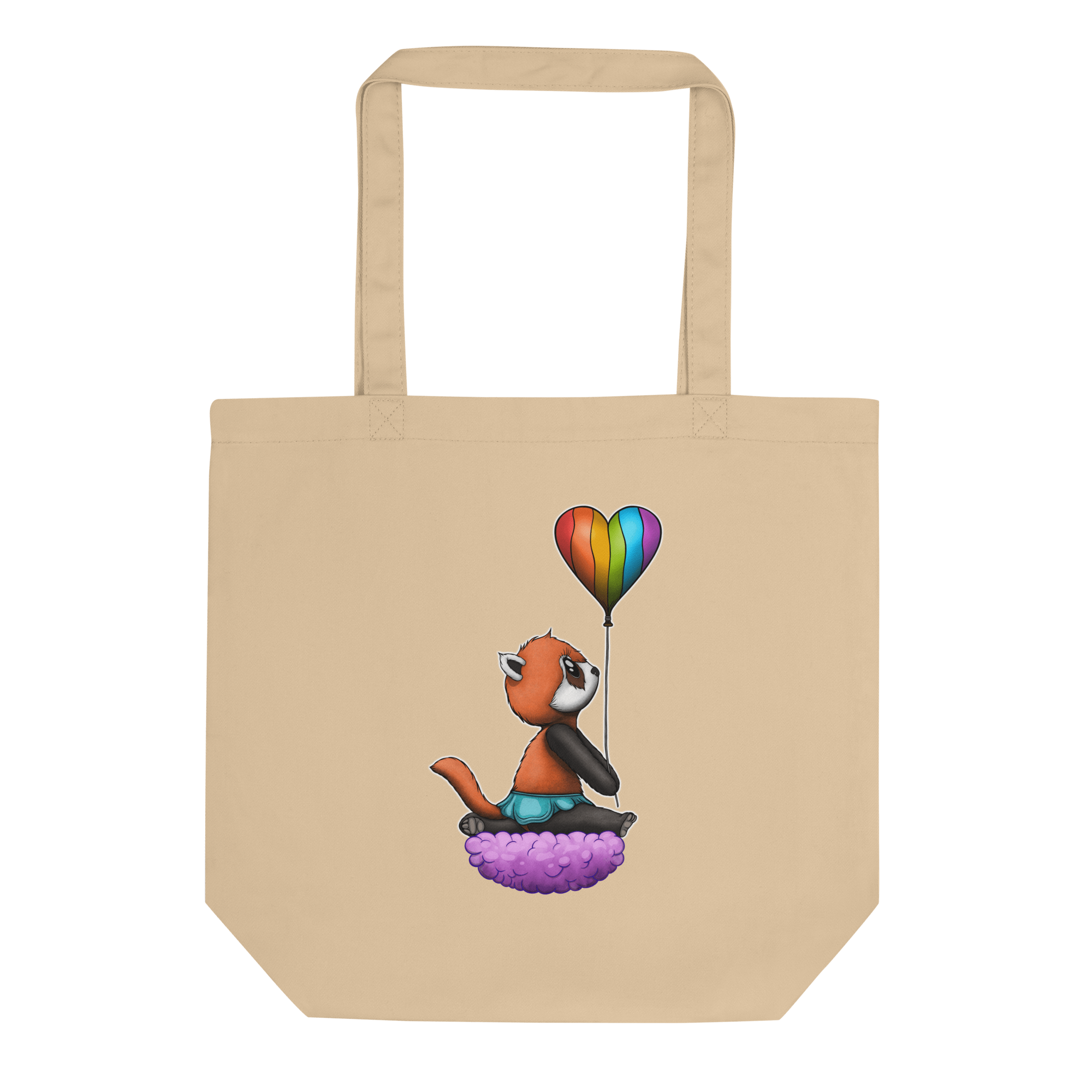 natural tote bag with cute panda and pride flag balloon