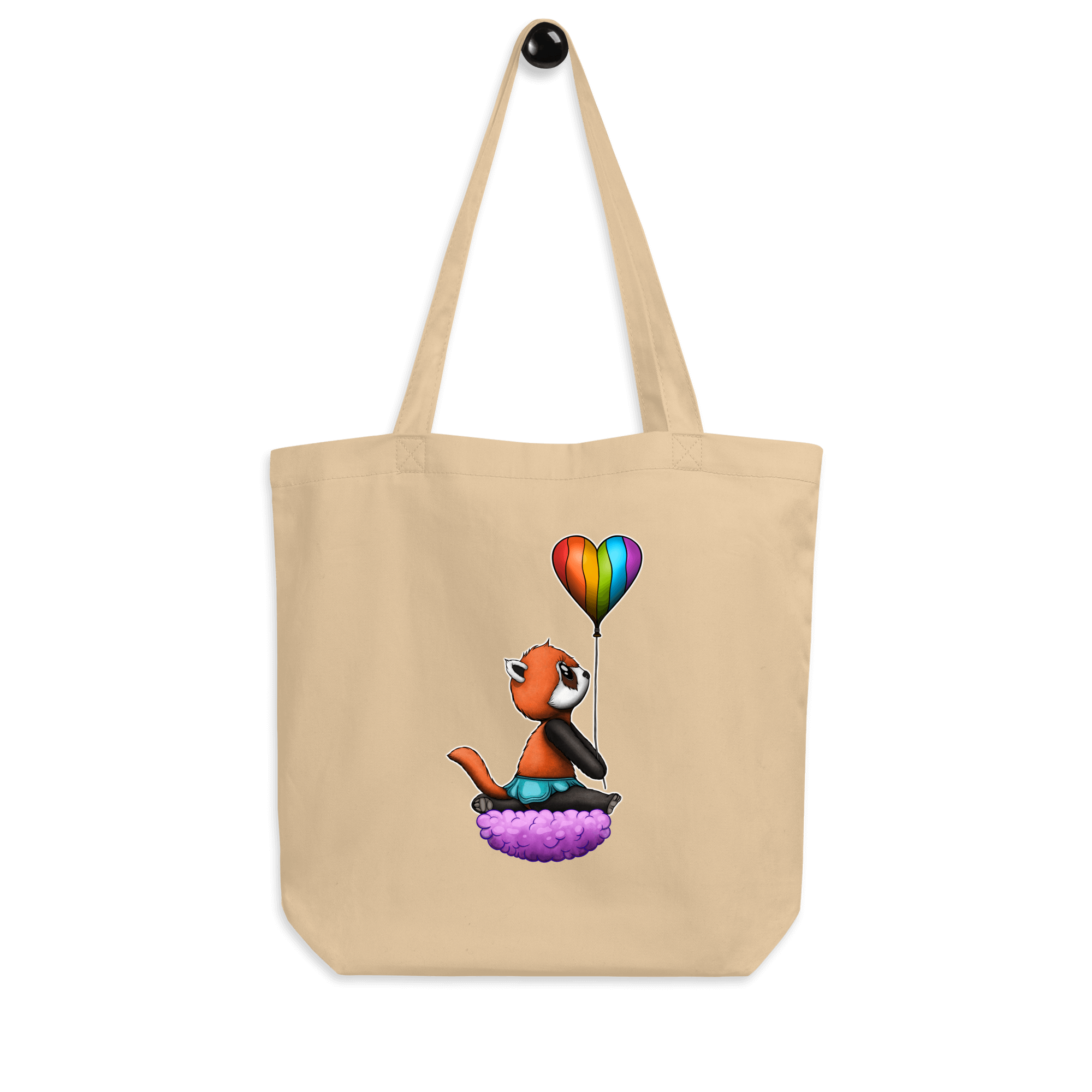 natural tote bag with a red panda holding a heart shaped pride flag