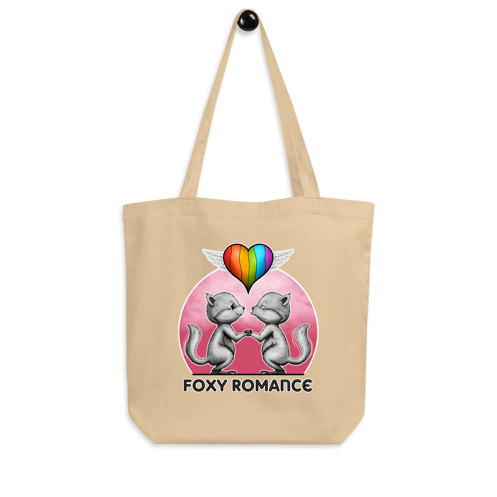 tote bag natural with cute foxes and pride flag balloon