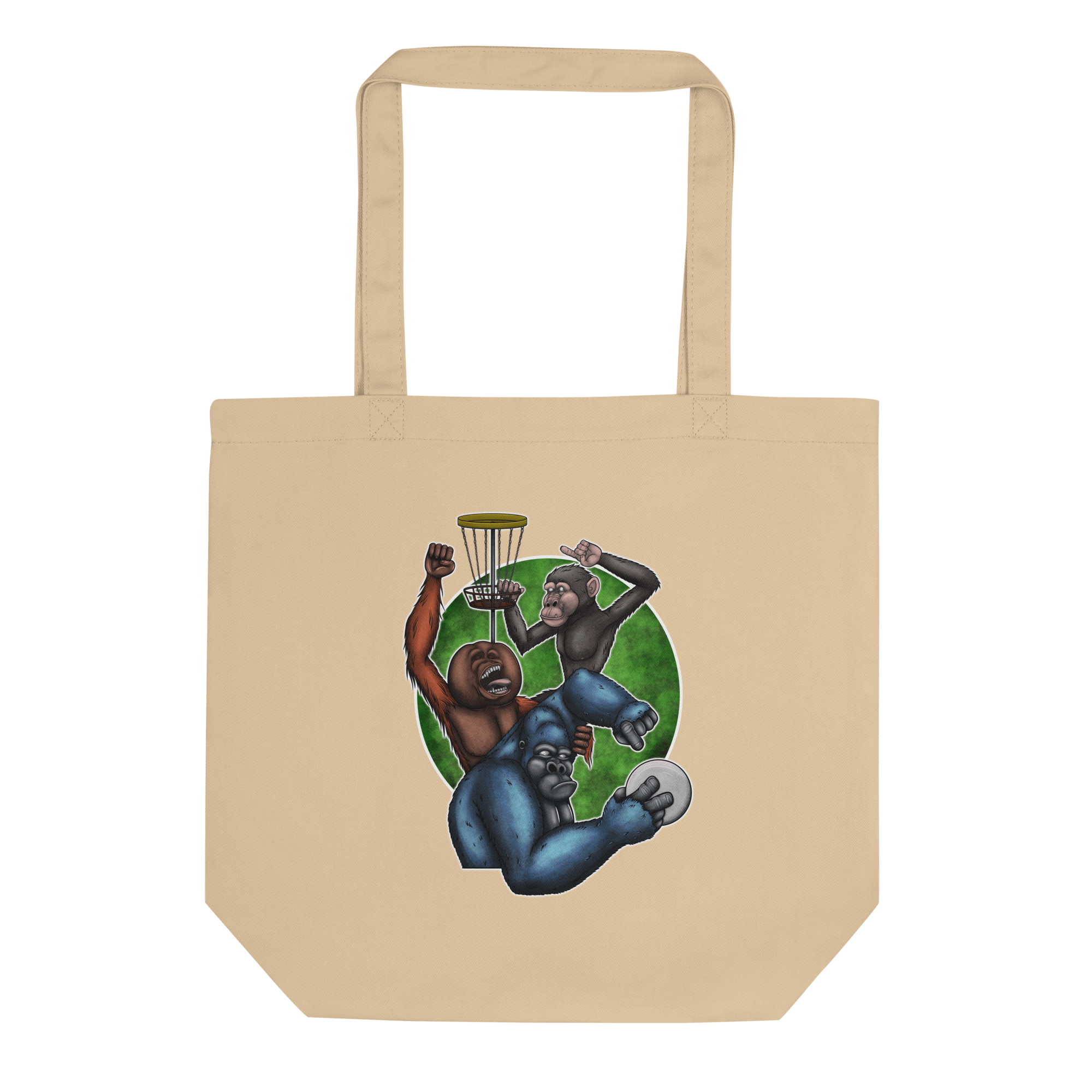 natural tote bag with cartoon monkeys playing frisbee golf