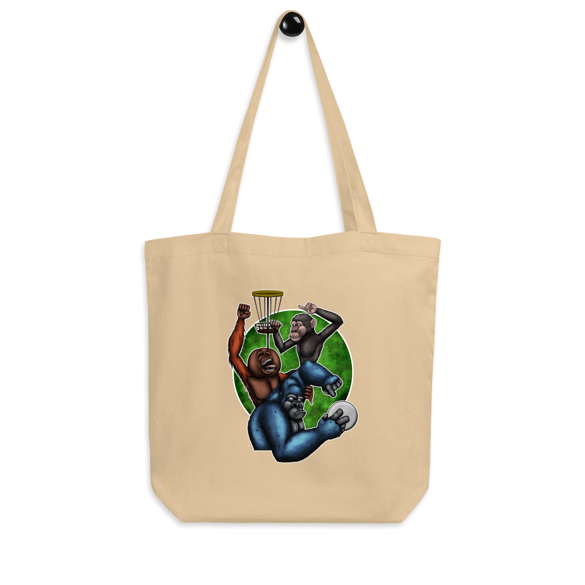 tote bag natural with cool cartoon monkey drawing and disc golf