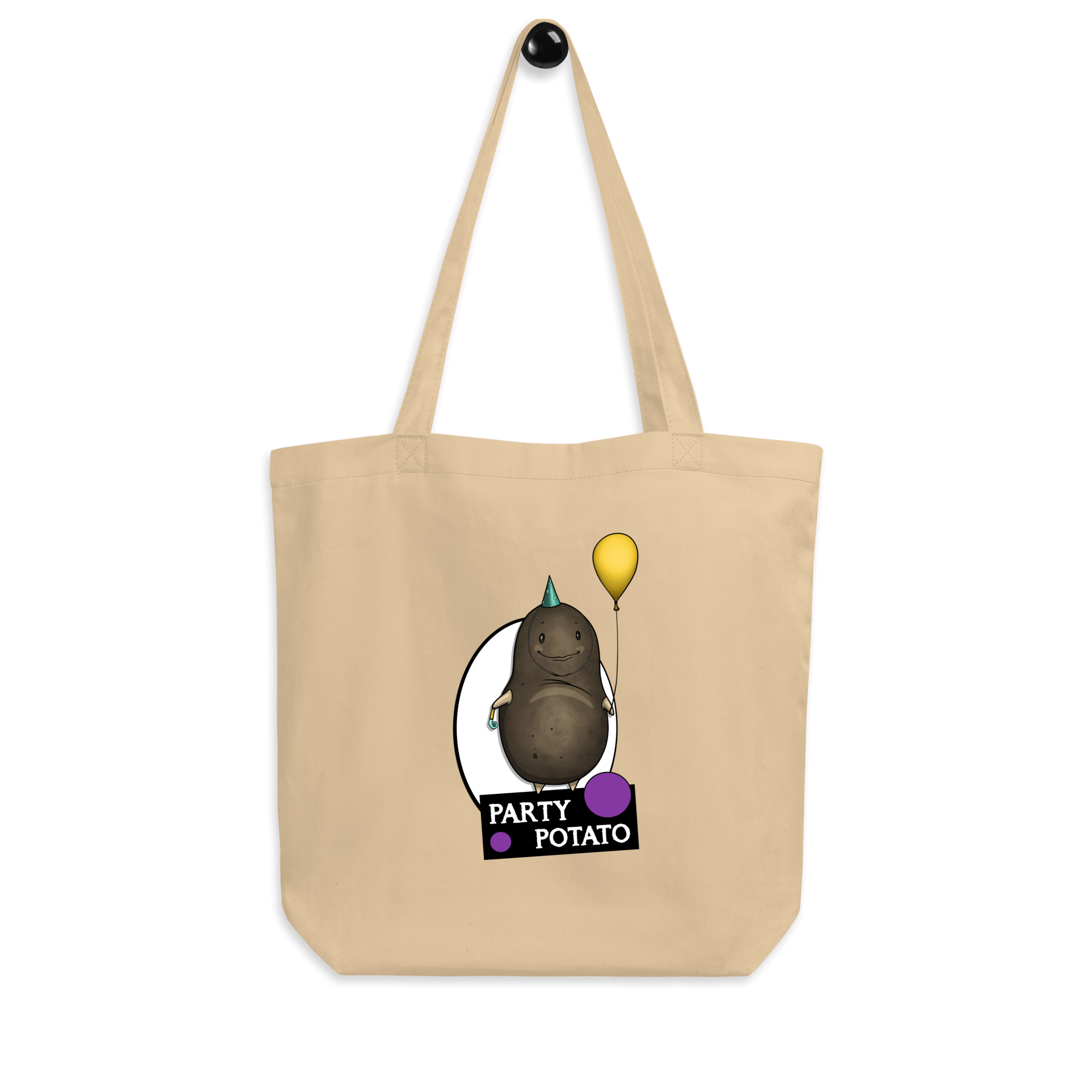 tote bag natural with a cartoon potato and balloons