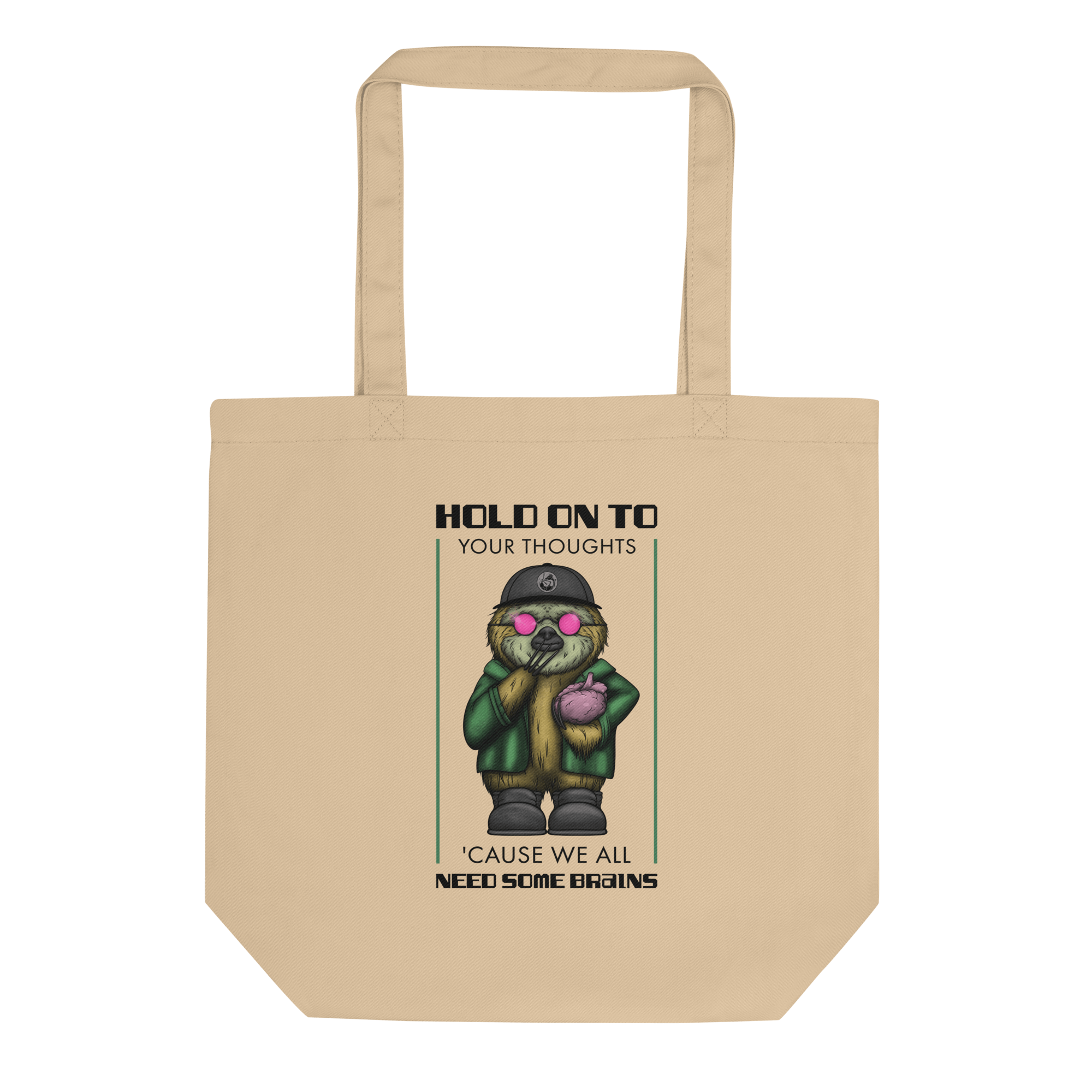 cool cartoon sloth with sunglasses holding a brain on tote bag natural