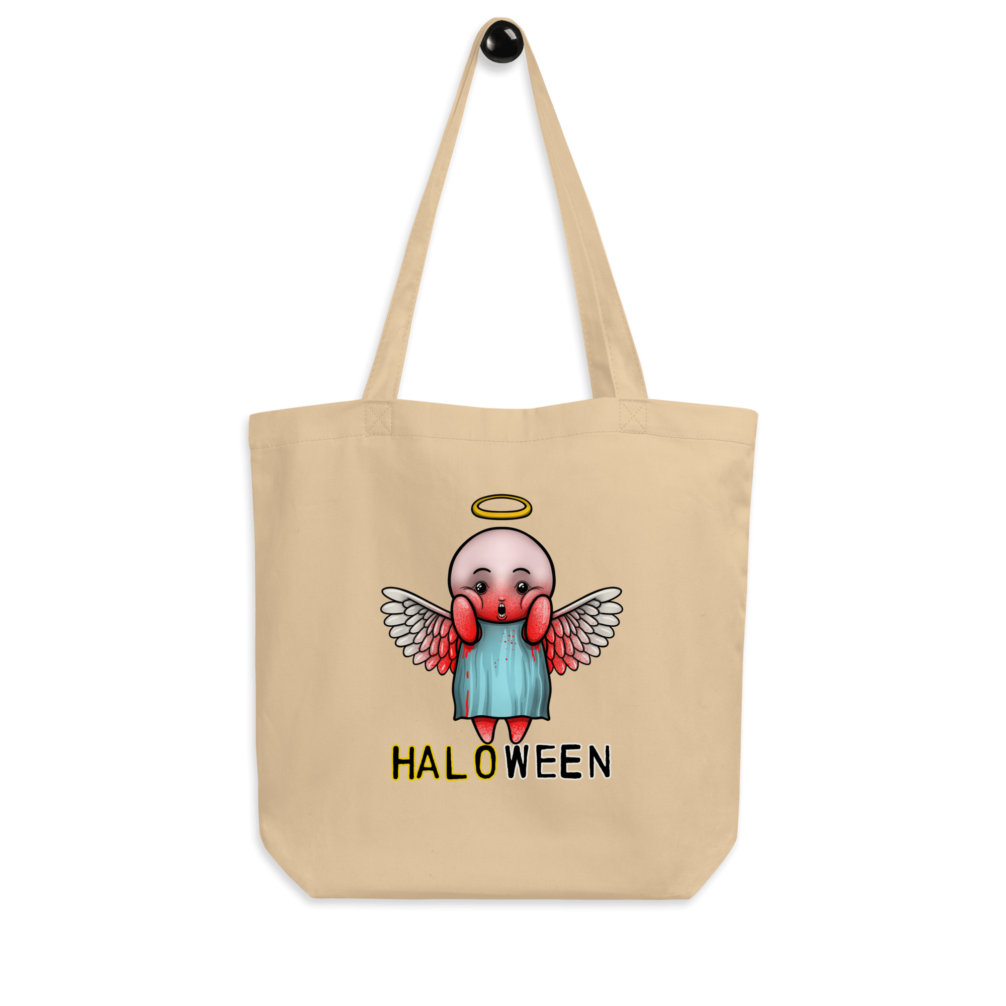 Halloween cartoon angel with halo on tote bag natural