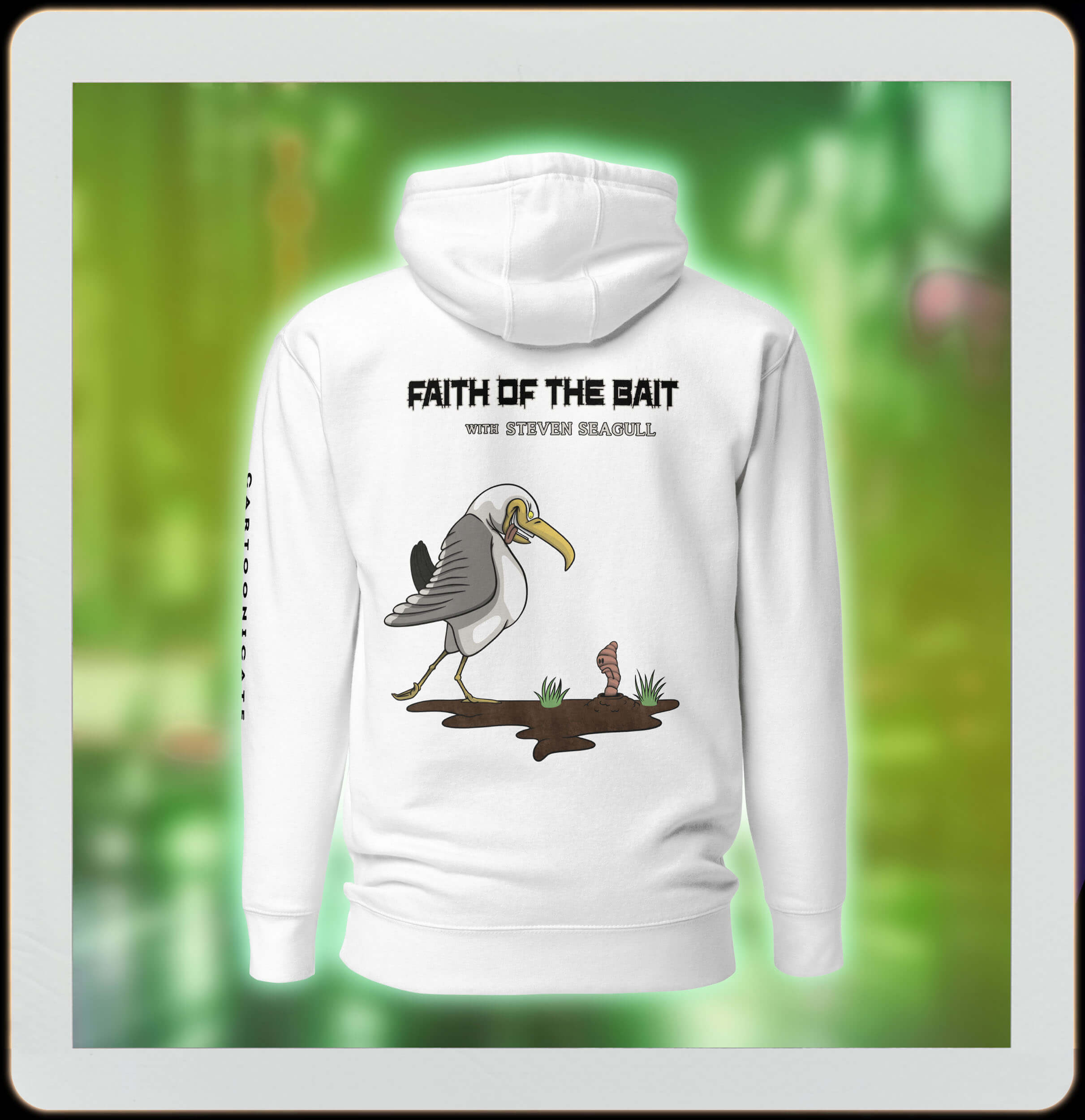 white hoodie with a cartoon seagull and a worm