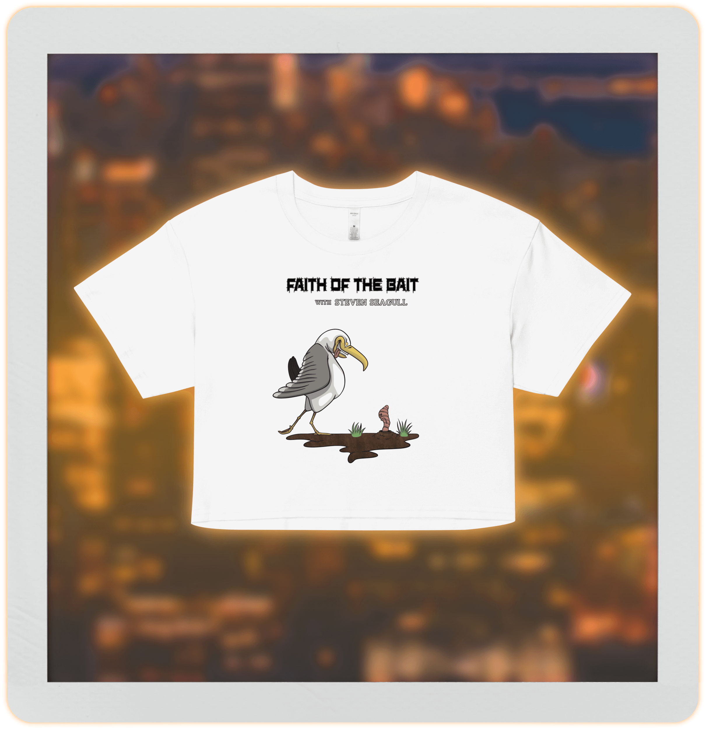 cartoon seagull and a maggot on white crop top