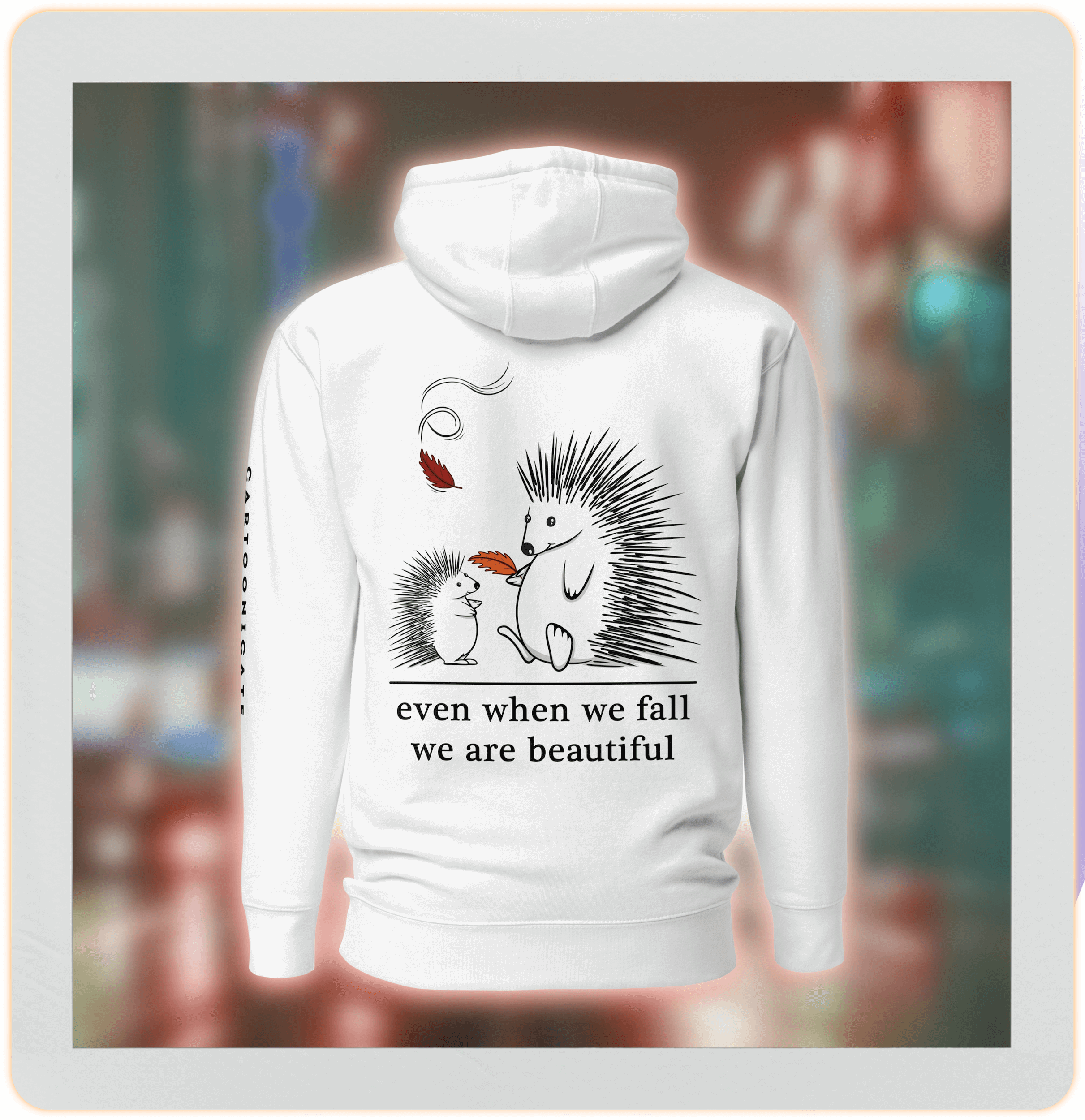 Cute cartoon hedgehog drawing on white hoodie