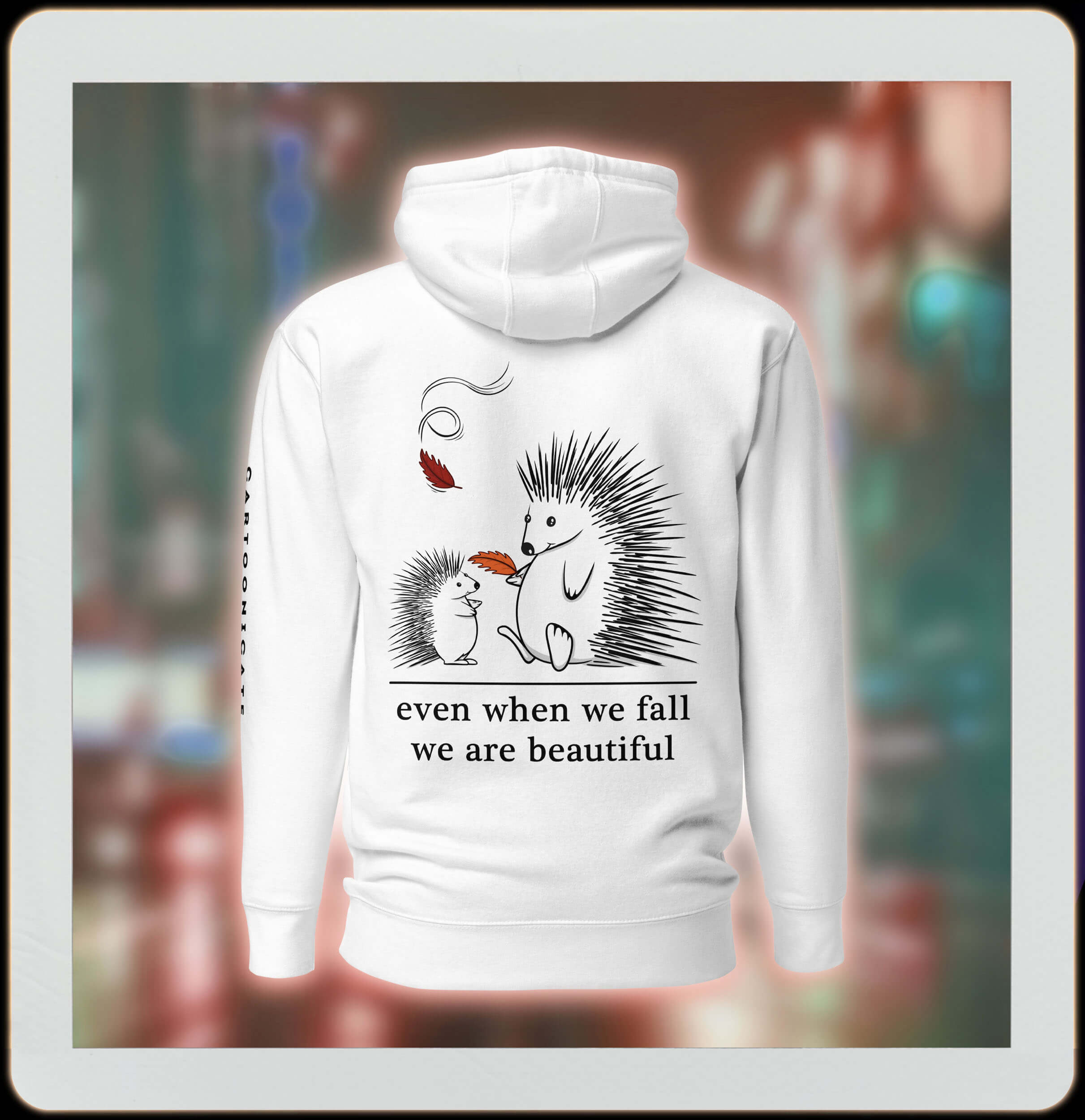 Cute cartoon hedgehog drawing on white hoodie