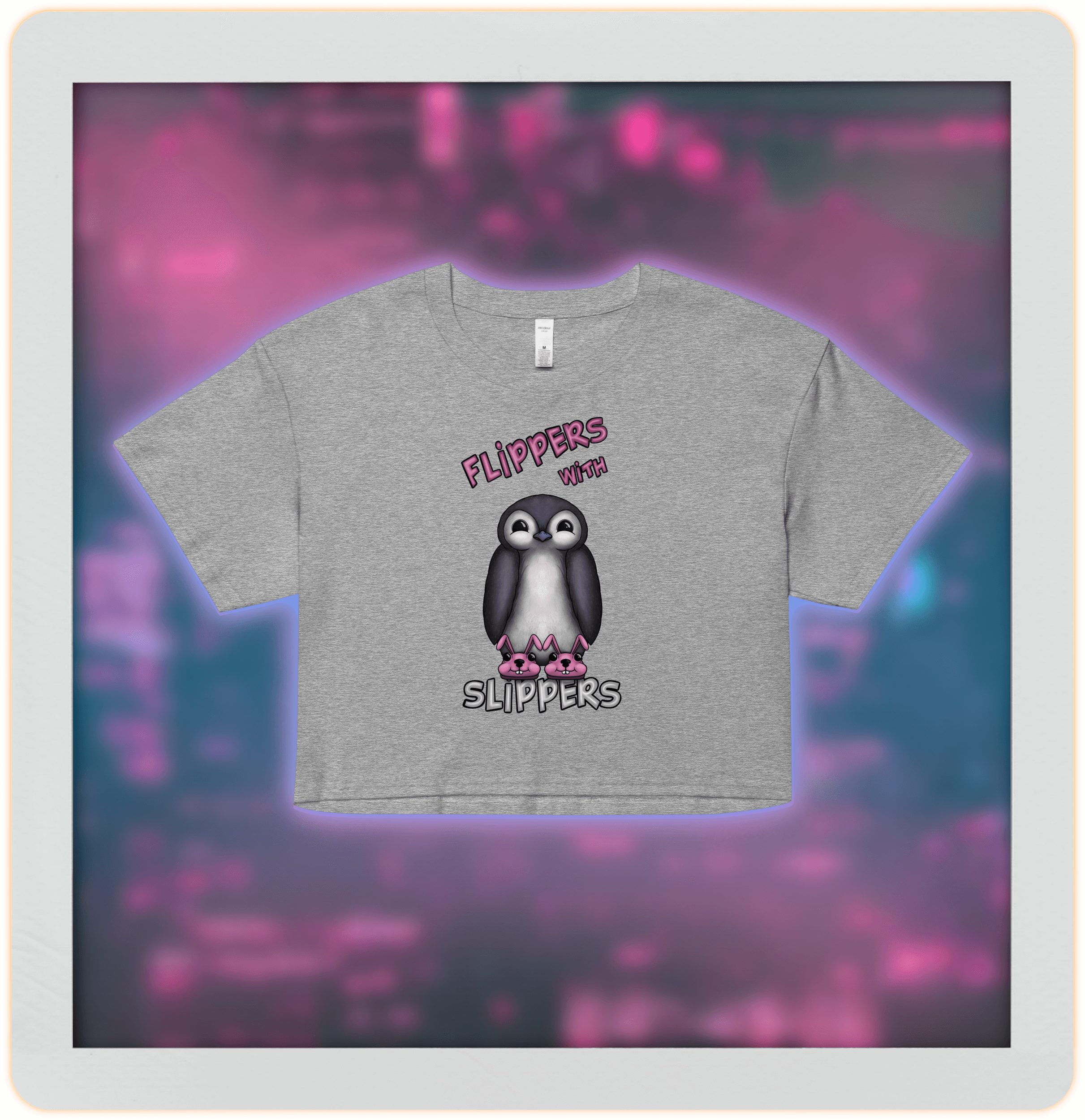 cute cartoon penguin with pink bunny slippers on grey women’s crop top