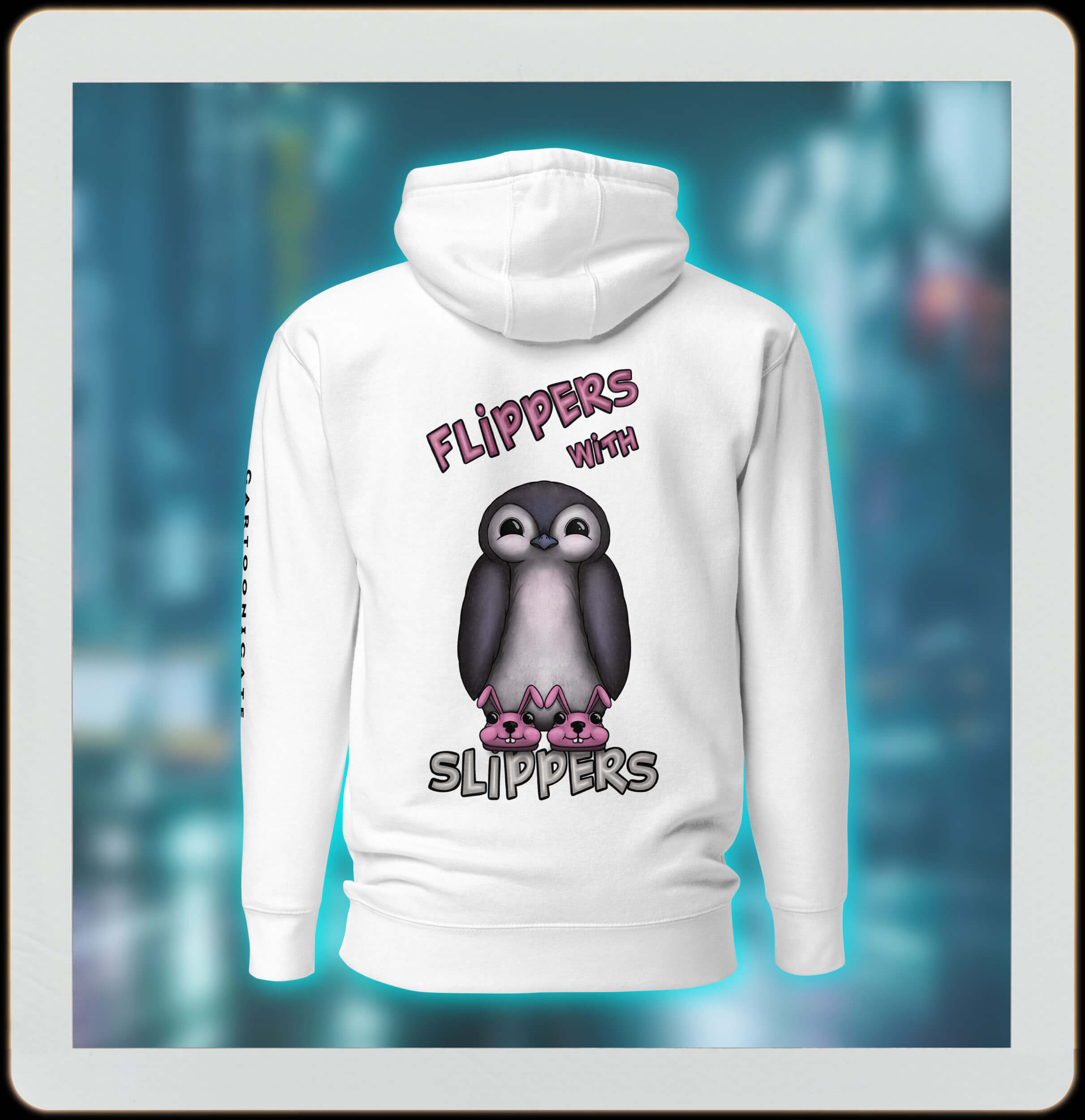 white hoodie with cartoon penguin with pink flippers