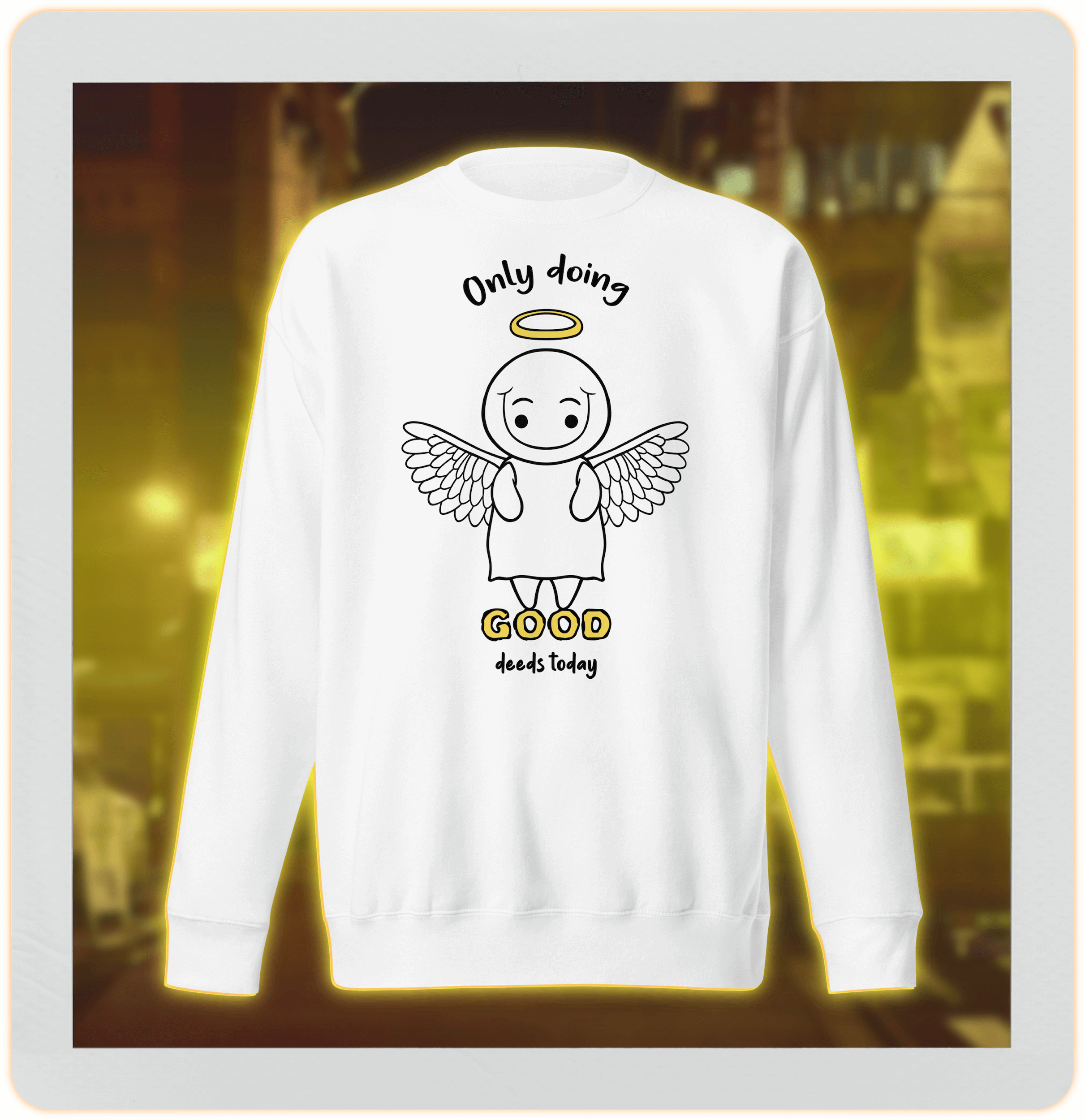 white sweater with angel doing good deeds drawing