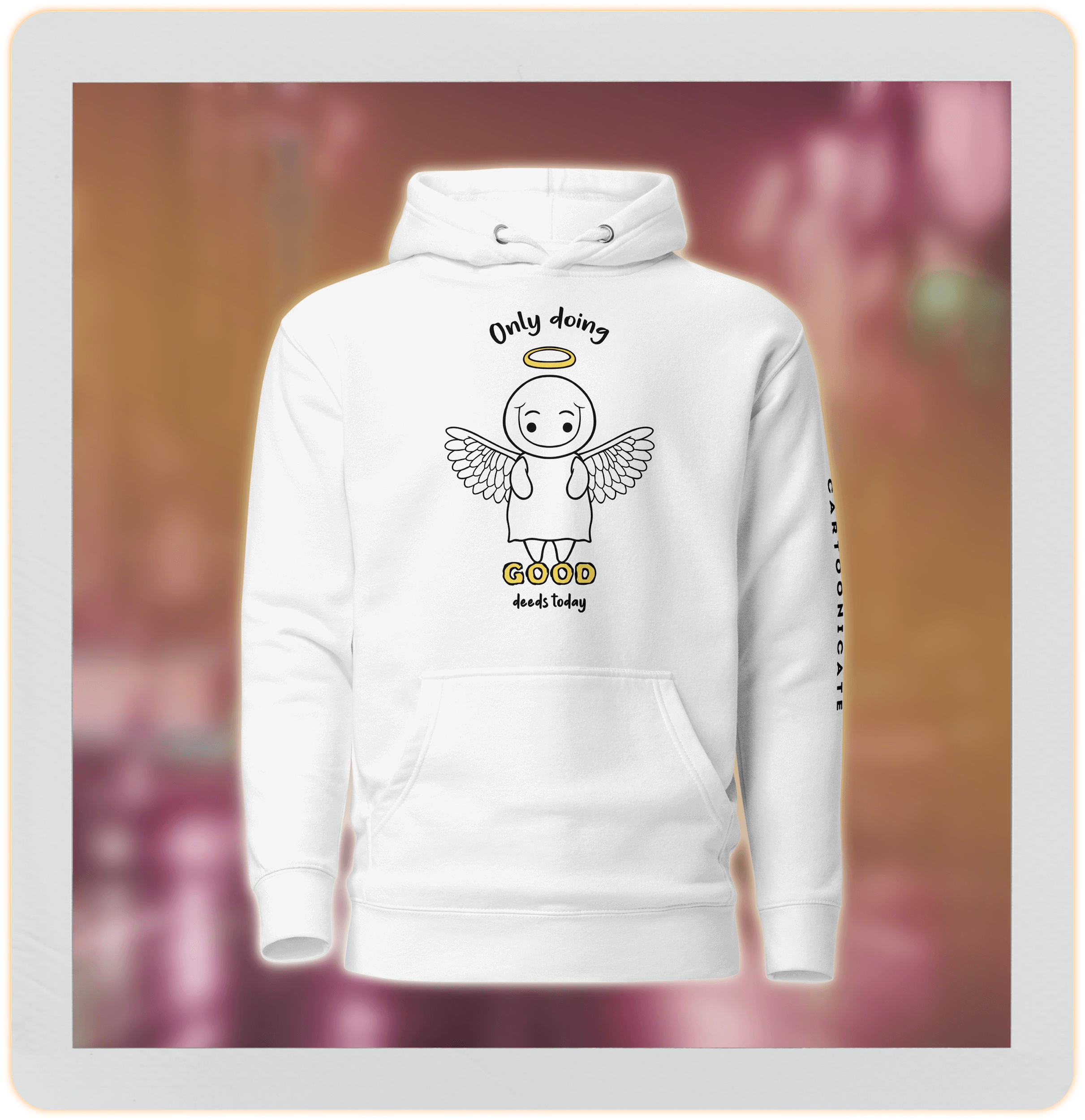 white hoodie with angel doing good deeds drawing