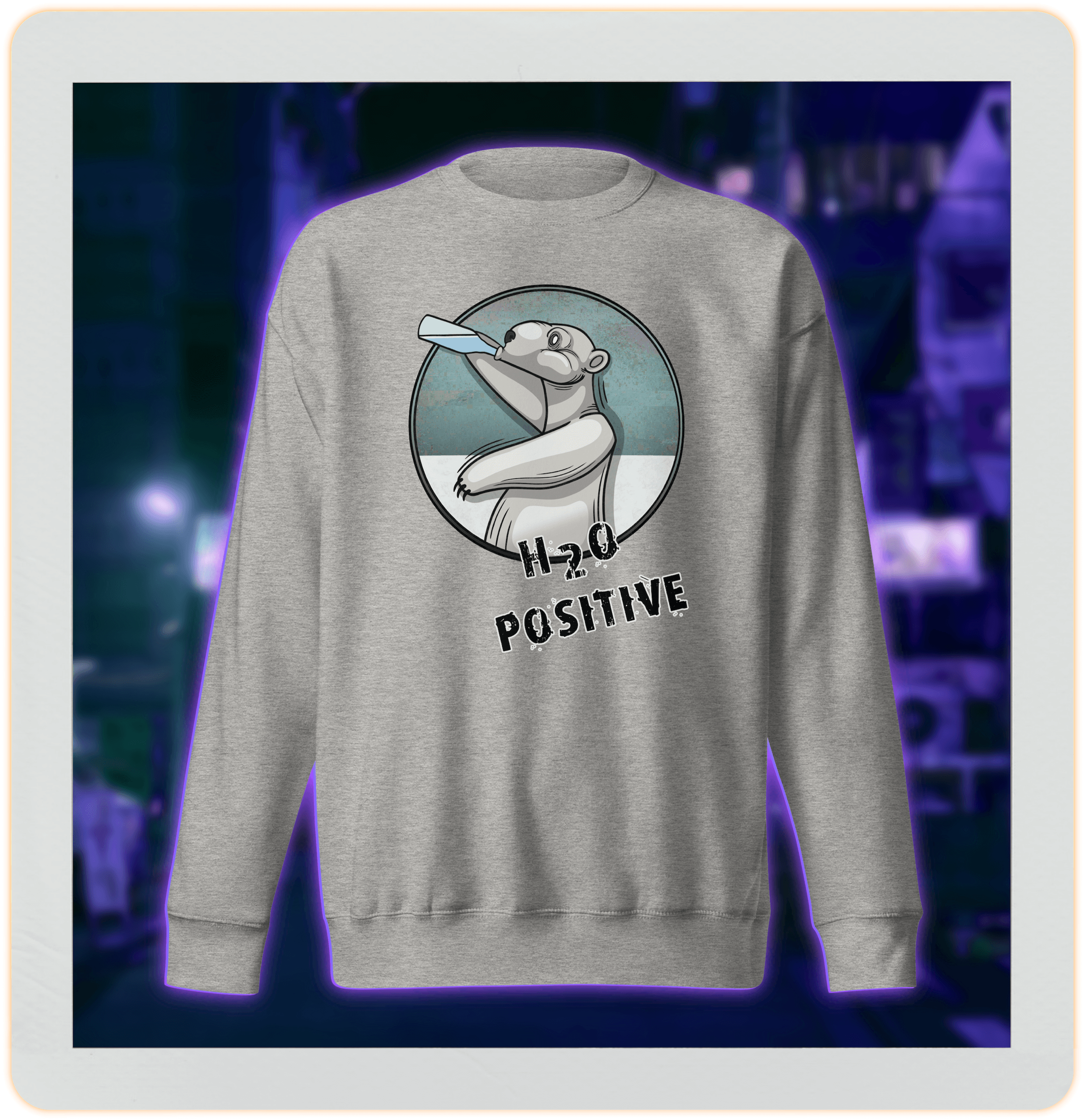 Cartoon polar bear drinking water on grey sweater