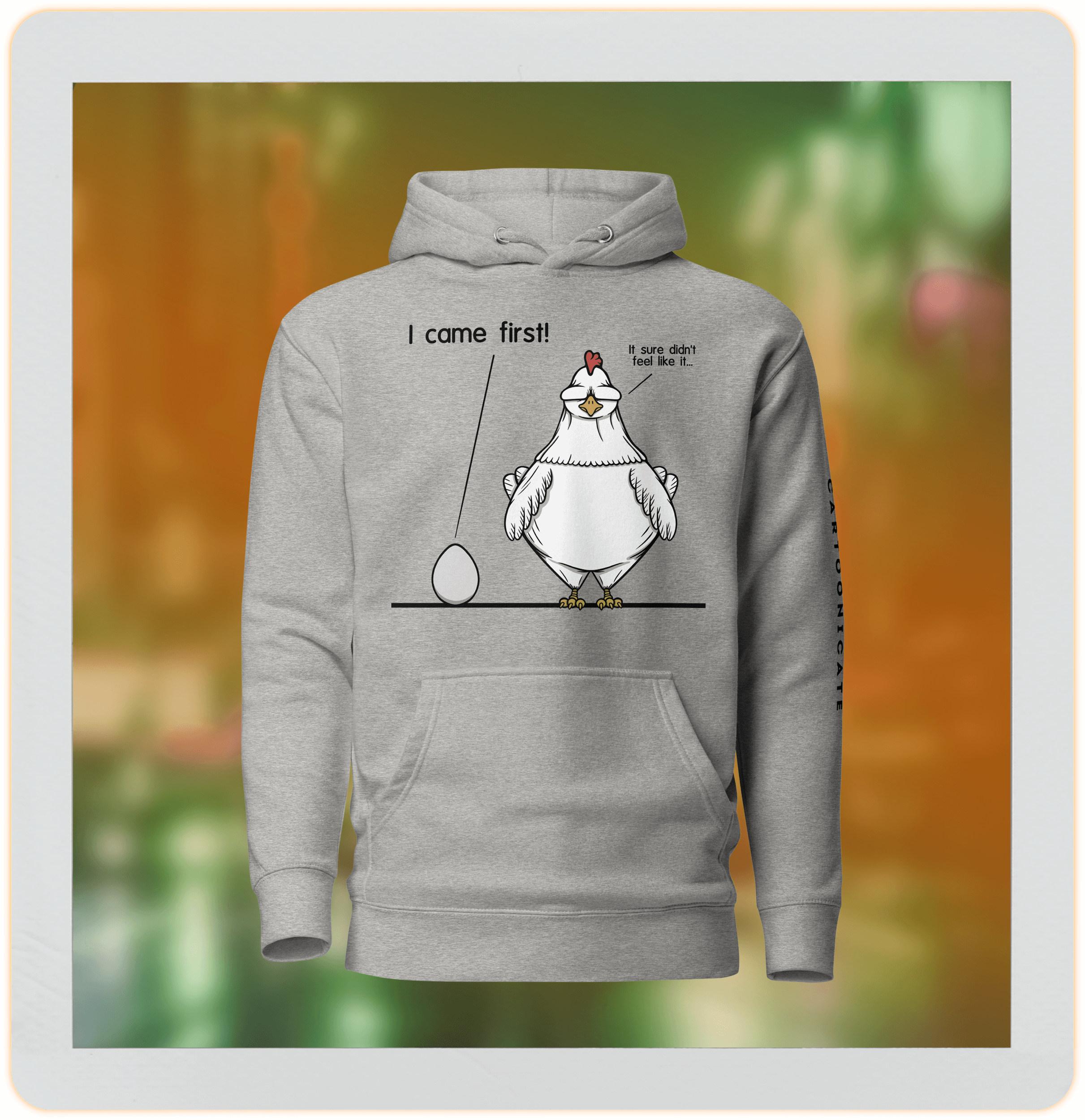 I came first, chicken and egg humor design on grey hoodie