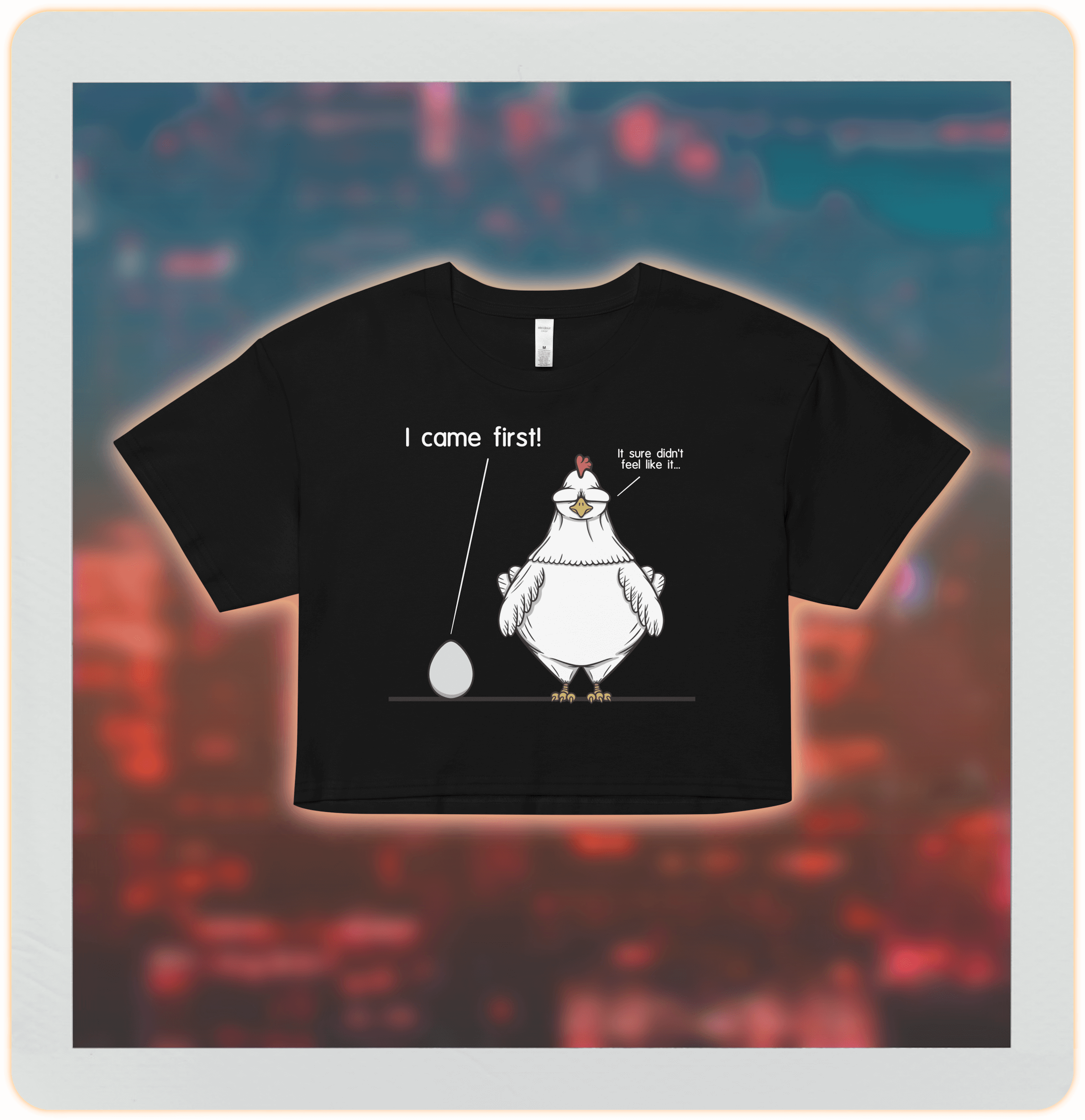 Black crop top with cartoon chicken and egg