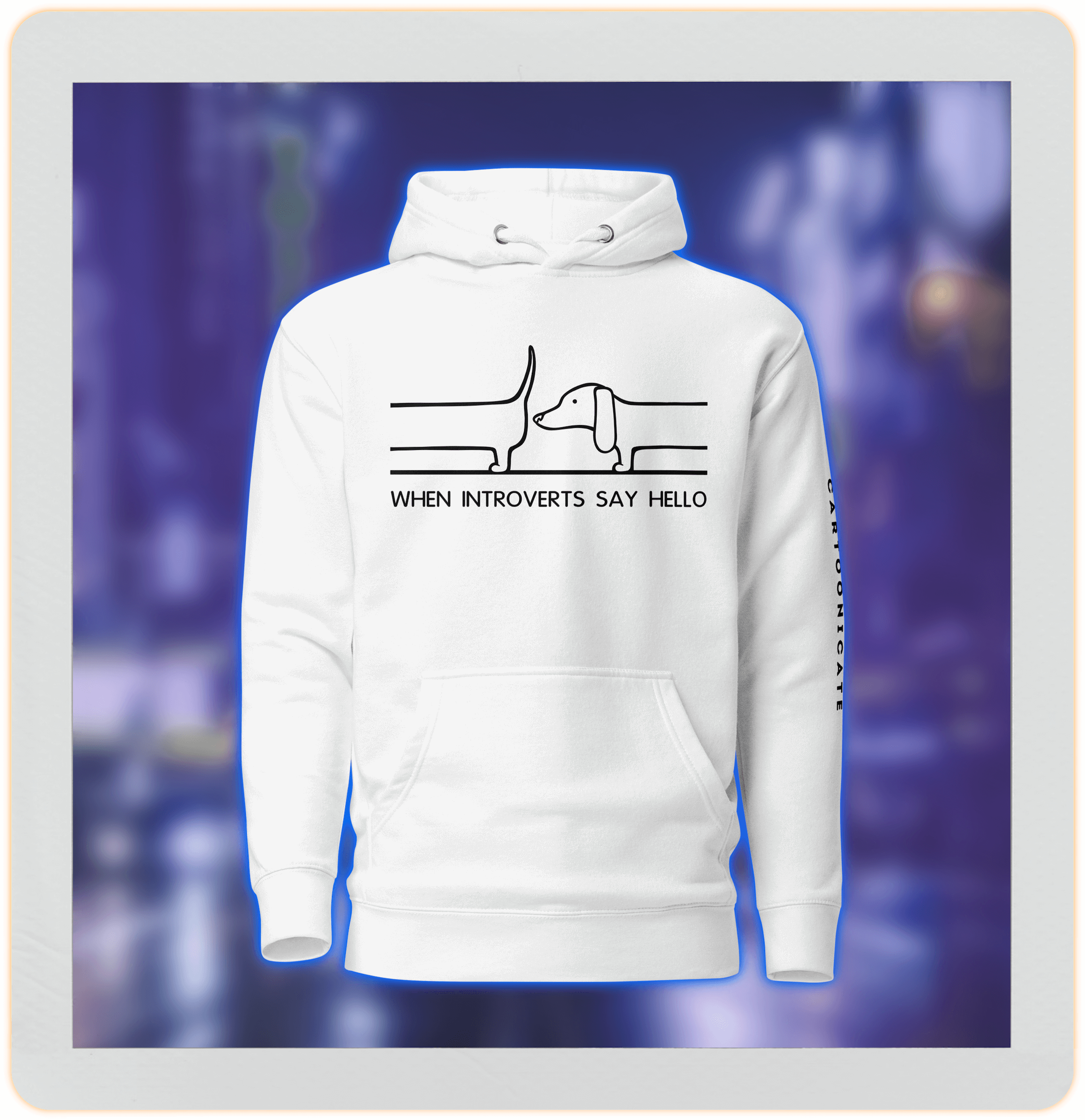 cartoon drawing of dachshund on white hoodie