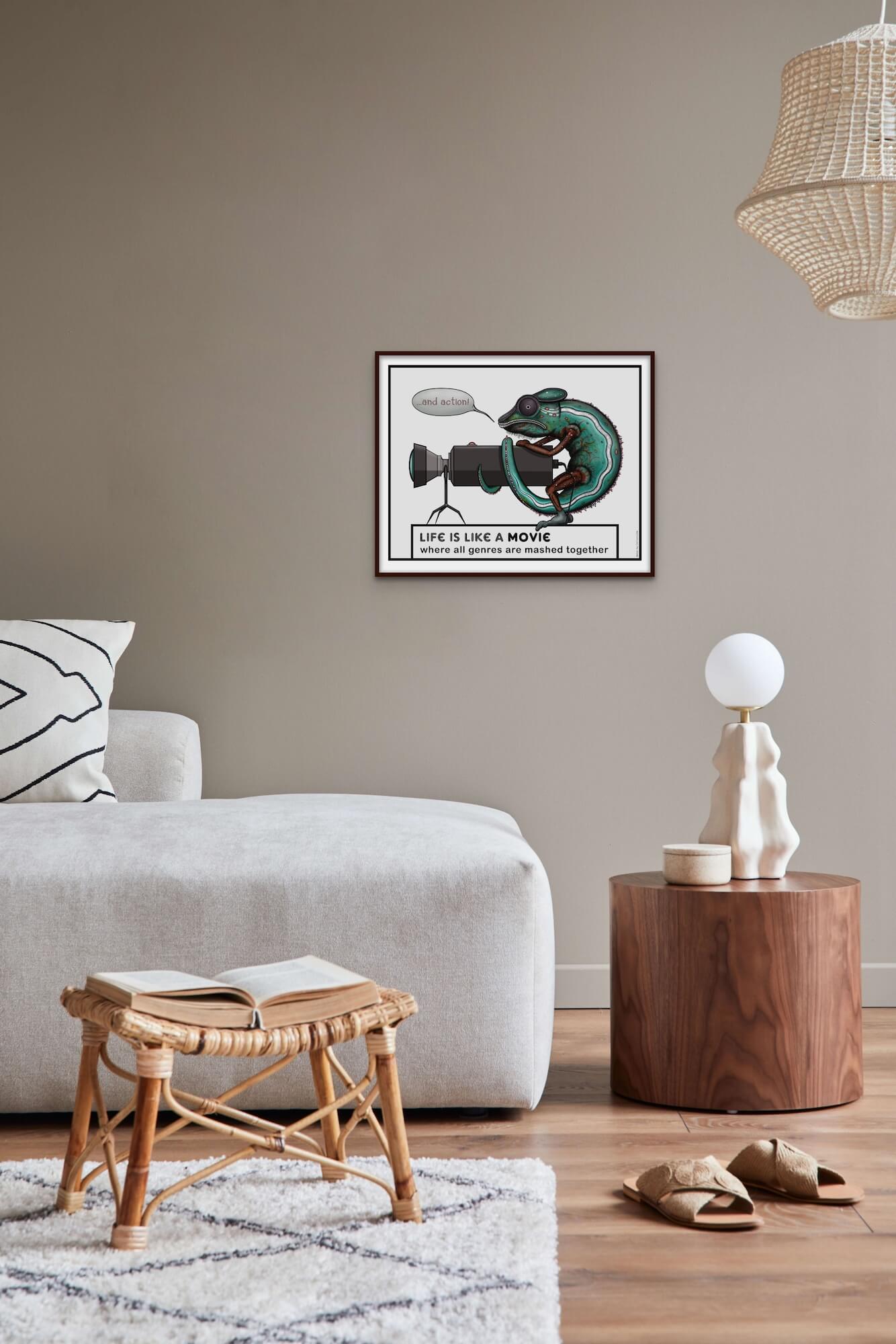 Green chameleon poster on wall interior