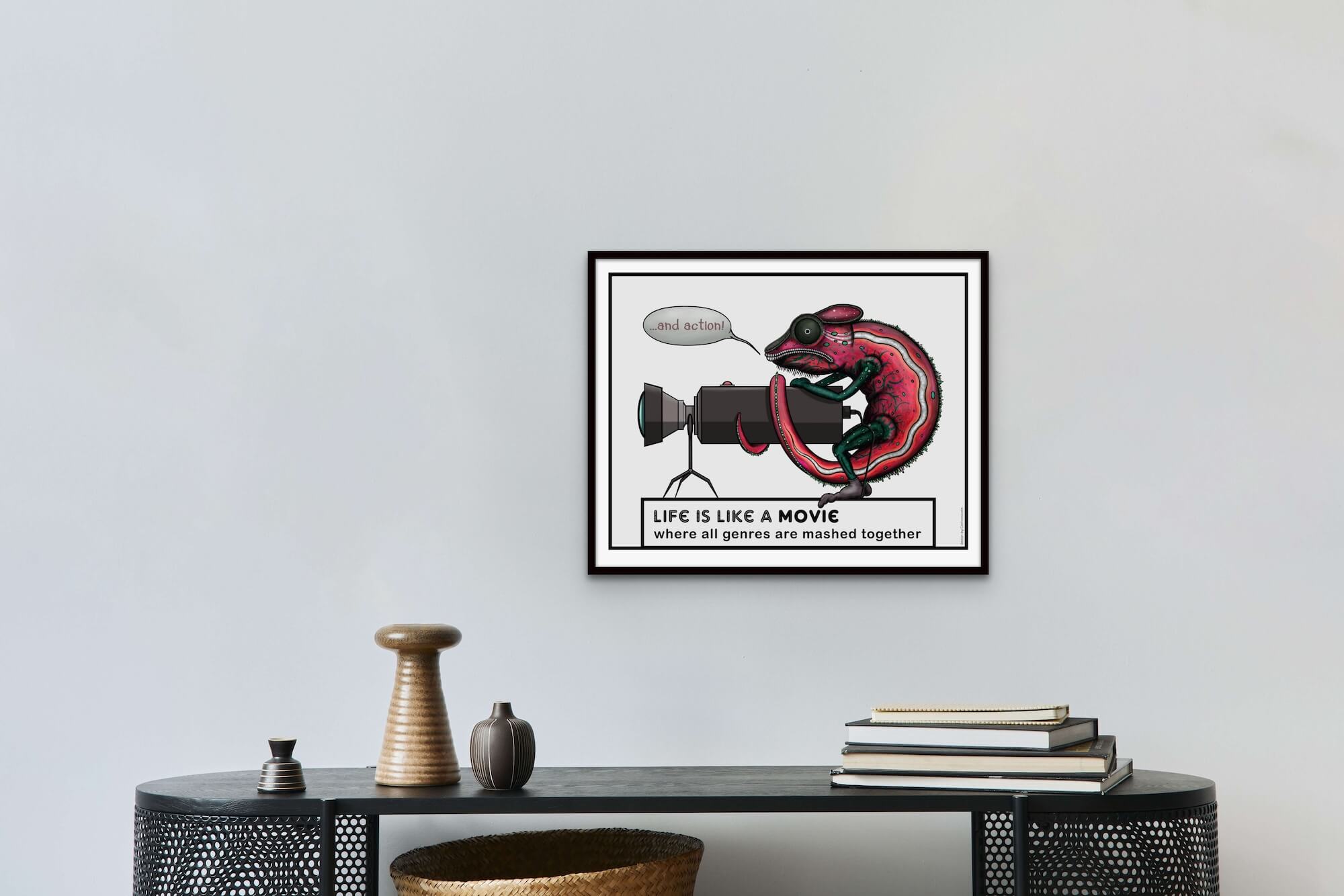 Pink chameleon poster on wall interior