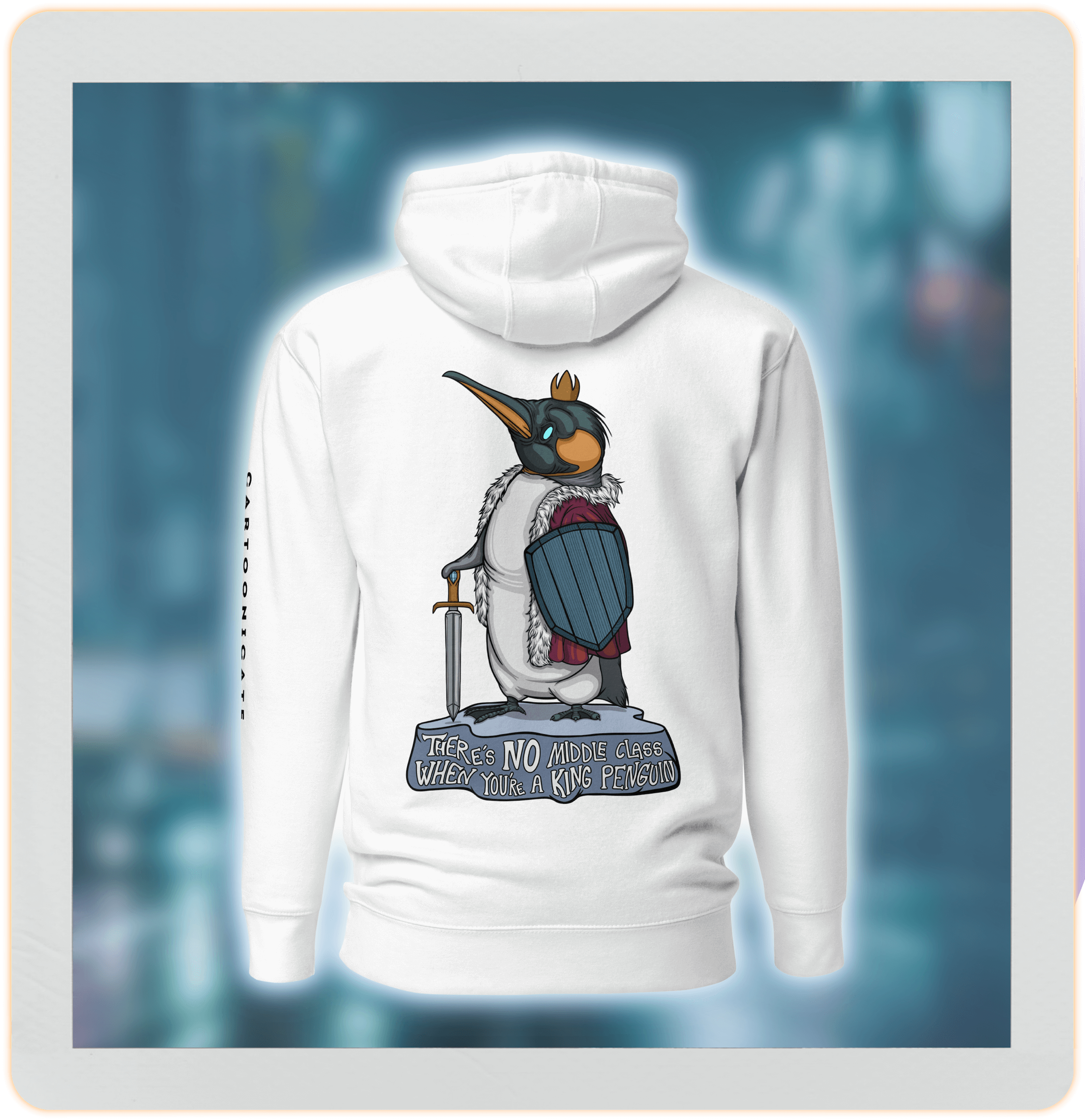 white hoodie with funny cartoon penguin on ice