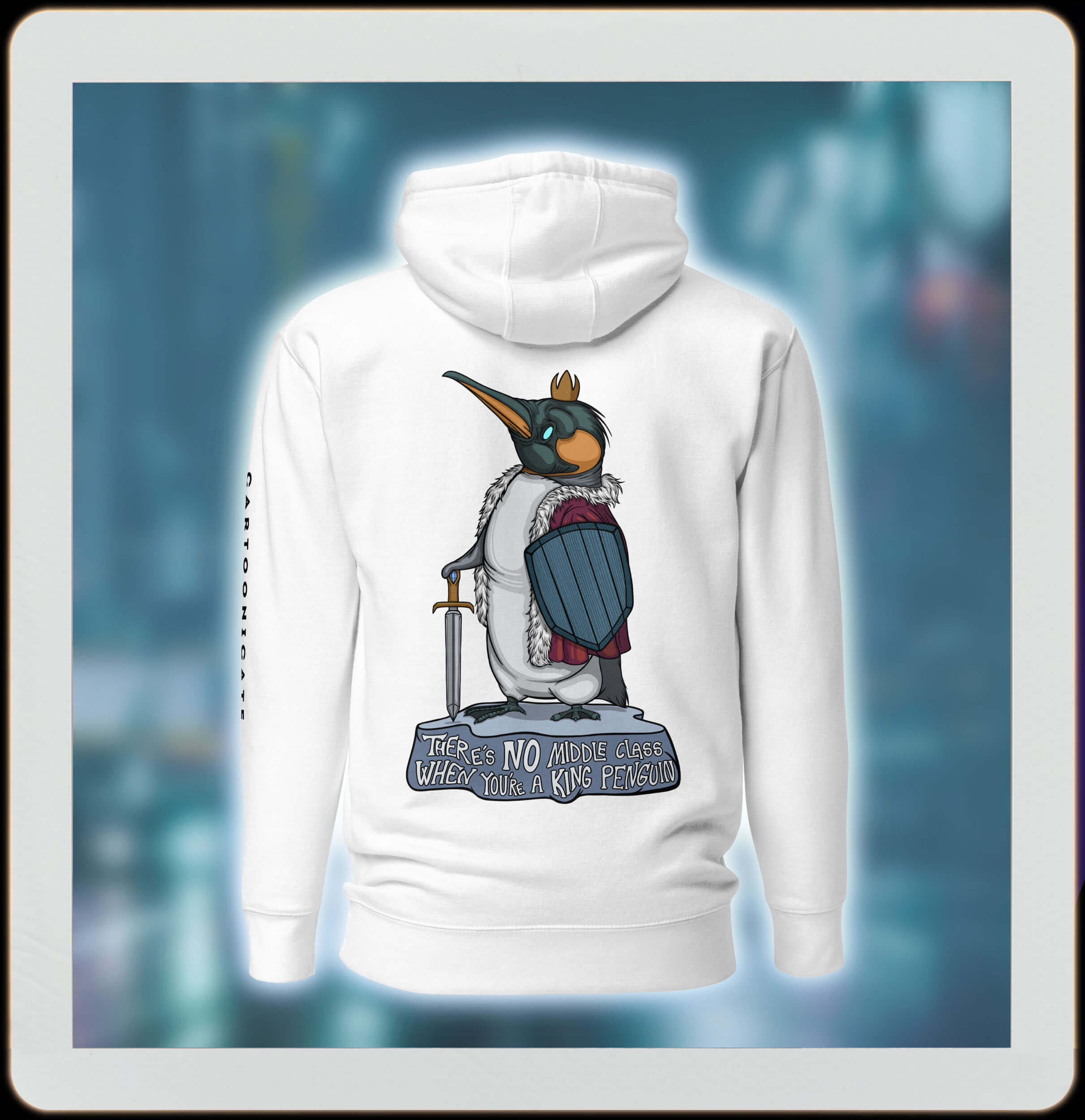 white hoodie with funny cartoon penguin on ice